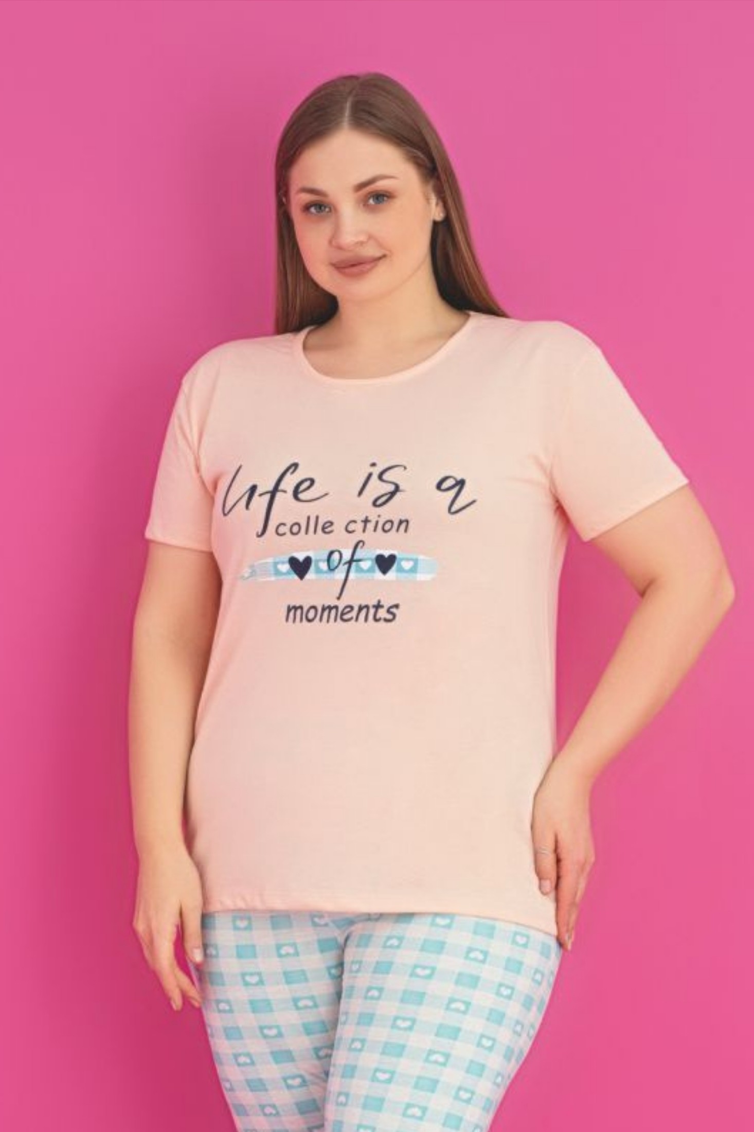 X-Dreamy Büyük Beden Pamuklu Desenli Kısa Kollu Pijama Takımı - Turkuaz