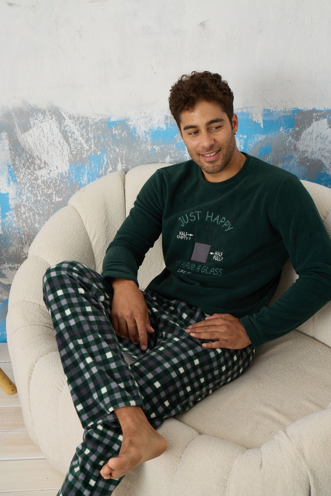 Luxury Soft Polar Ekose Kareli Nakışlı Desenli Erkek Pijama Takımı - Yeşil