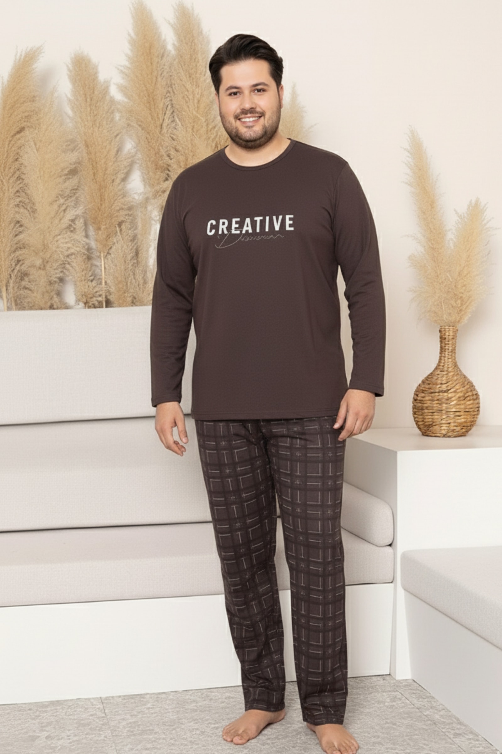 Büyük Beden Pamuklu Uzun Kollu Ekose Kareli Erkek Pijama Takımı - Kahverengi