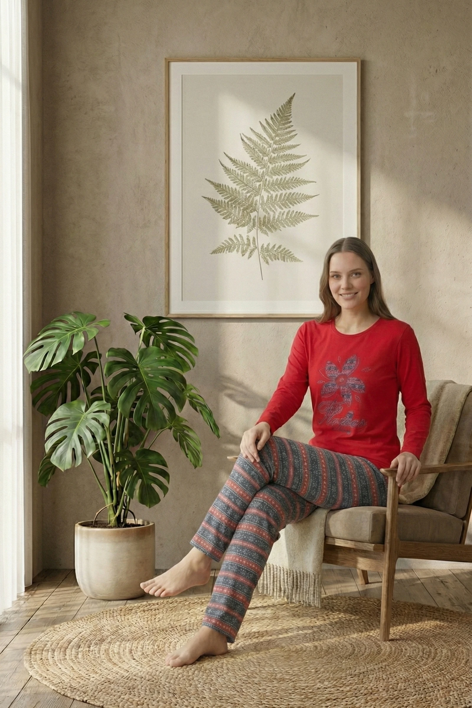 Dreamy Pamuklu Desenli 2 İplik Uzun Kollu Pijama Takımı - Kırmızı-Lacivert