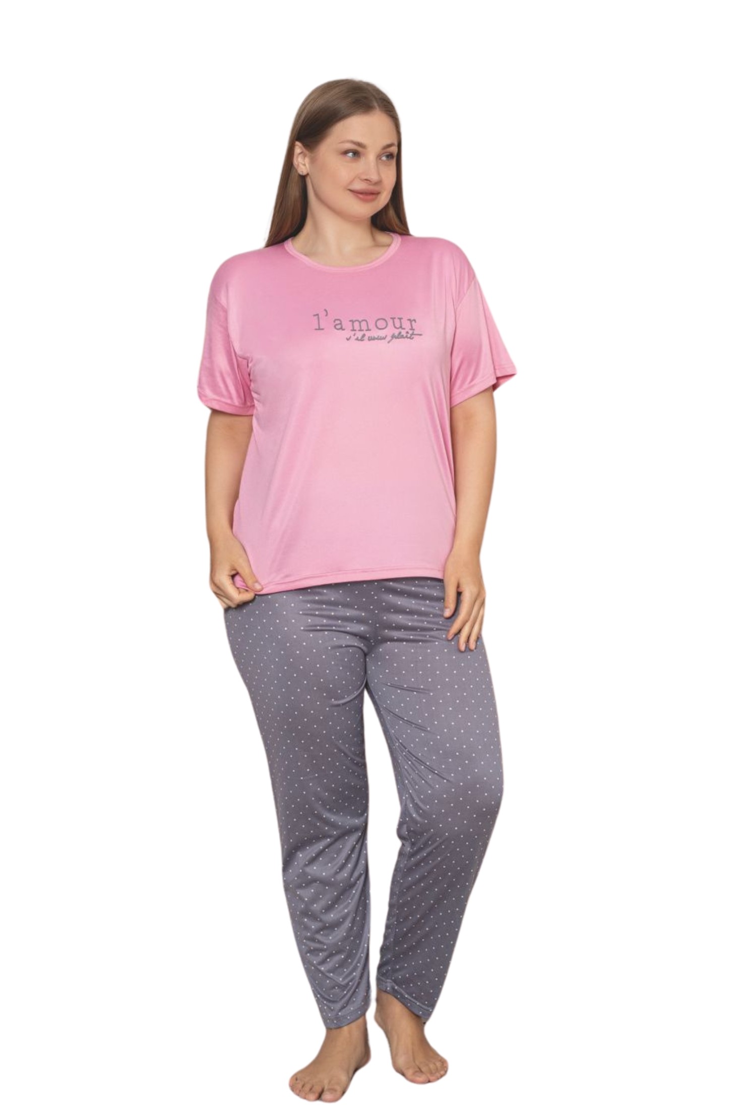 Büyük Beden Milan Bambu Kısa Kollu Likralı Penye Pijama Takımı - Pembe