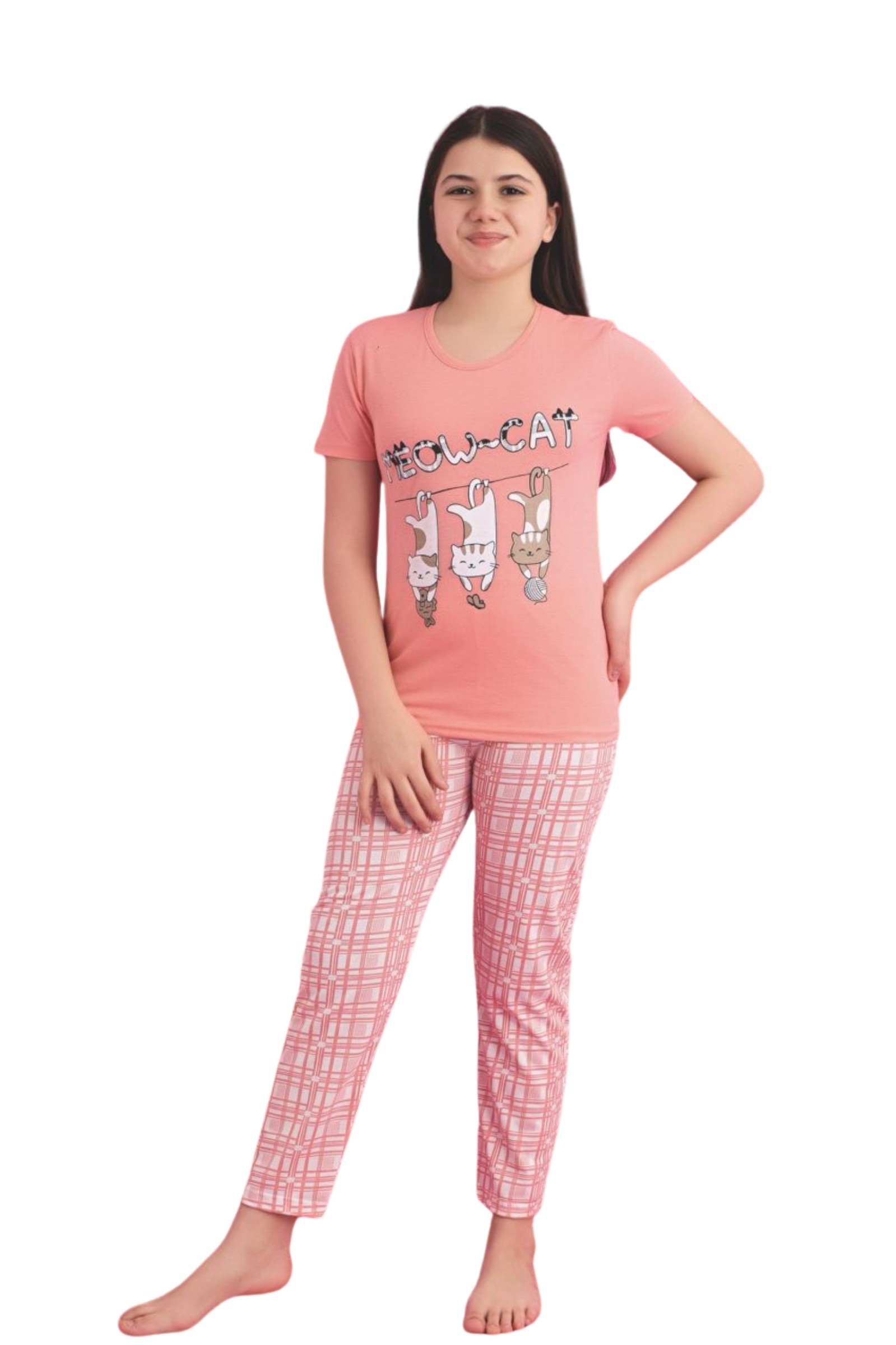 Faryakids Pamuklu Kısa Kollu Kedi Desenli Kız Çocuk Pijama Takımı - Yavruağzı