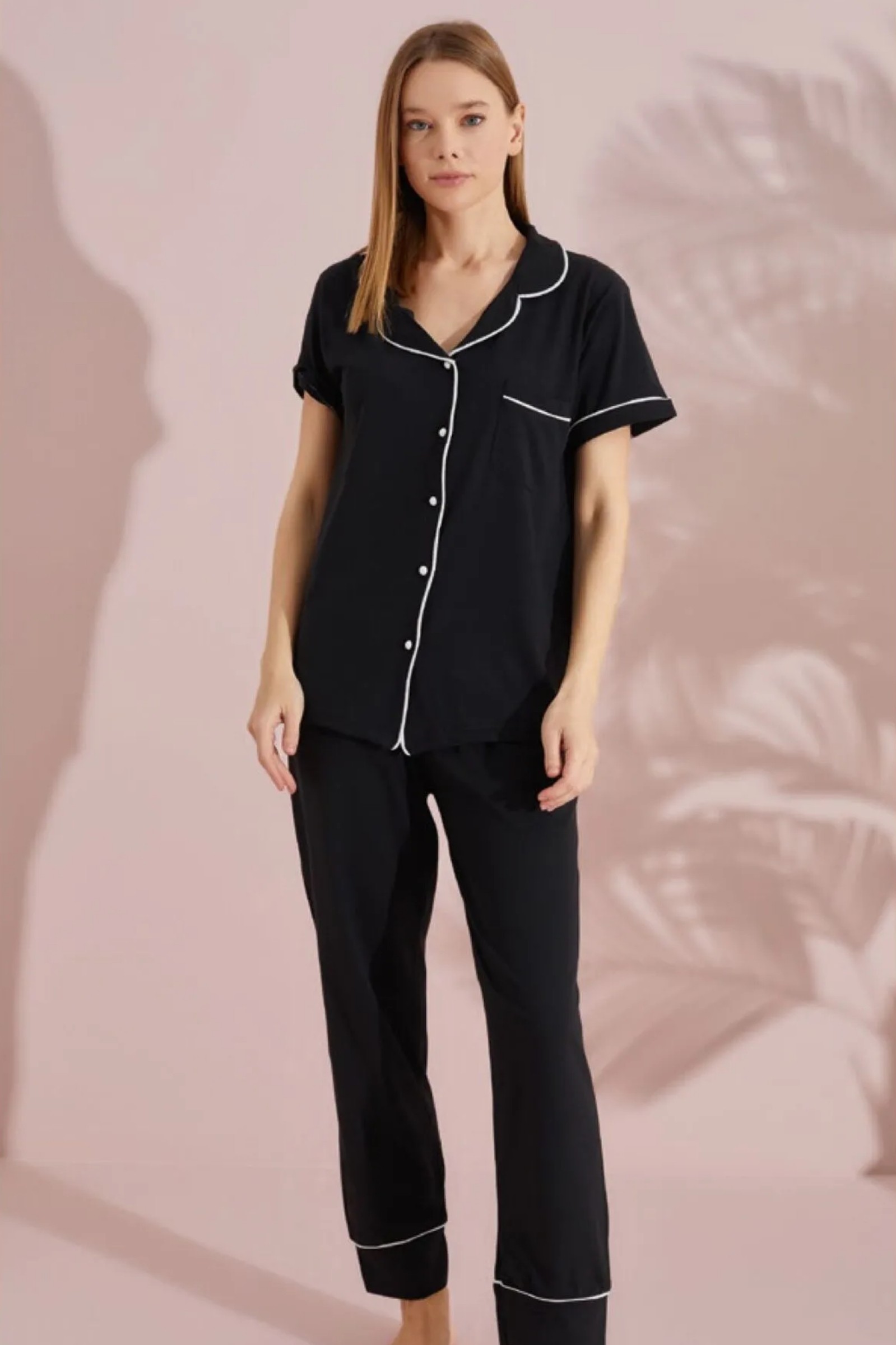 Dreamy Pamuklu Biyeli Kısa Kollu Cep Detaylı Gömlek Pijama Takımı - Siyah