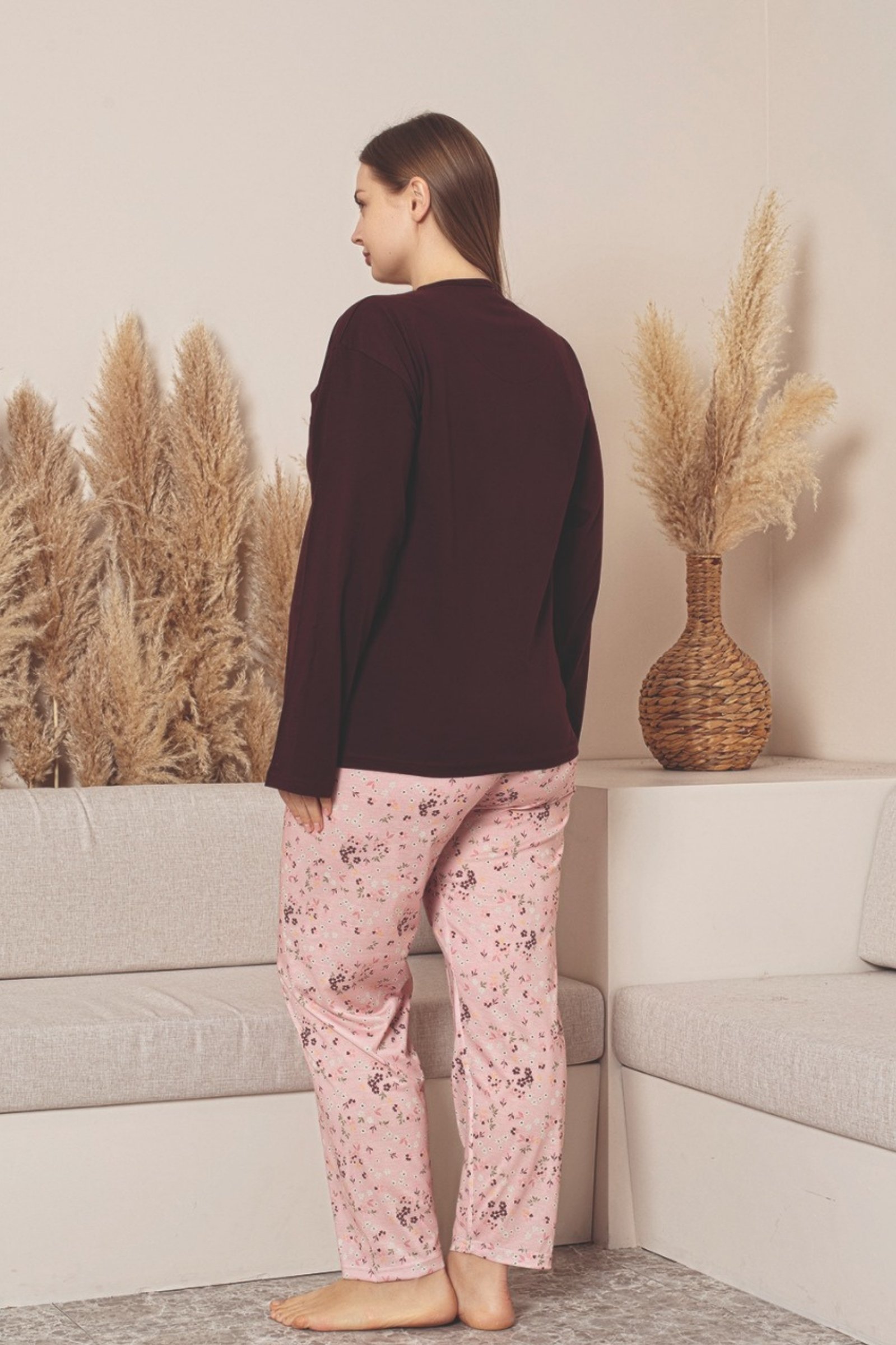 X-Dreamy Büyük Beden Pamuklu Düğmeli Yaka Uzun Kollu Penye Pijama Takımı - Bordo