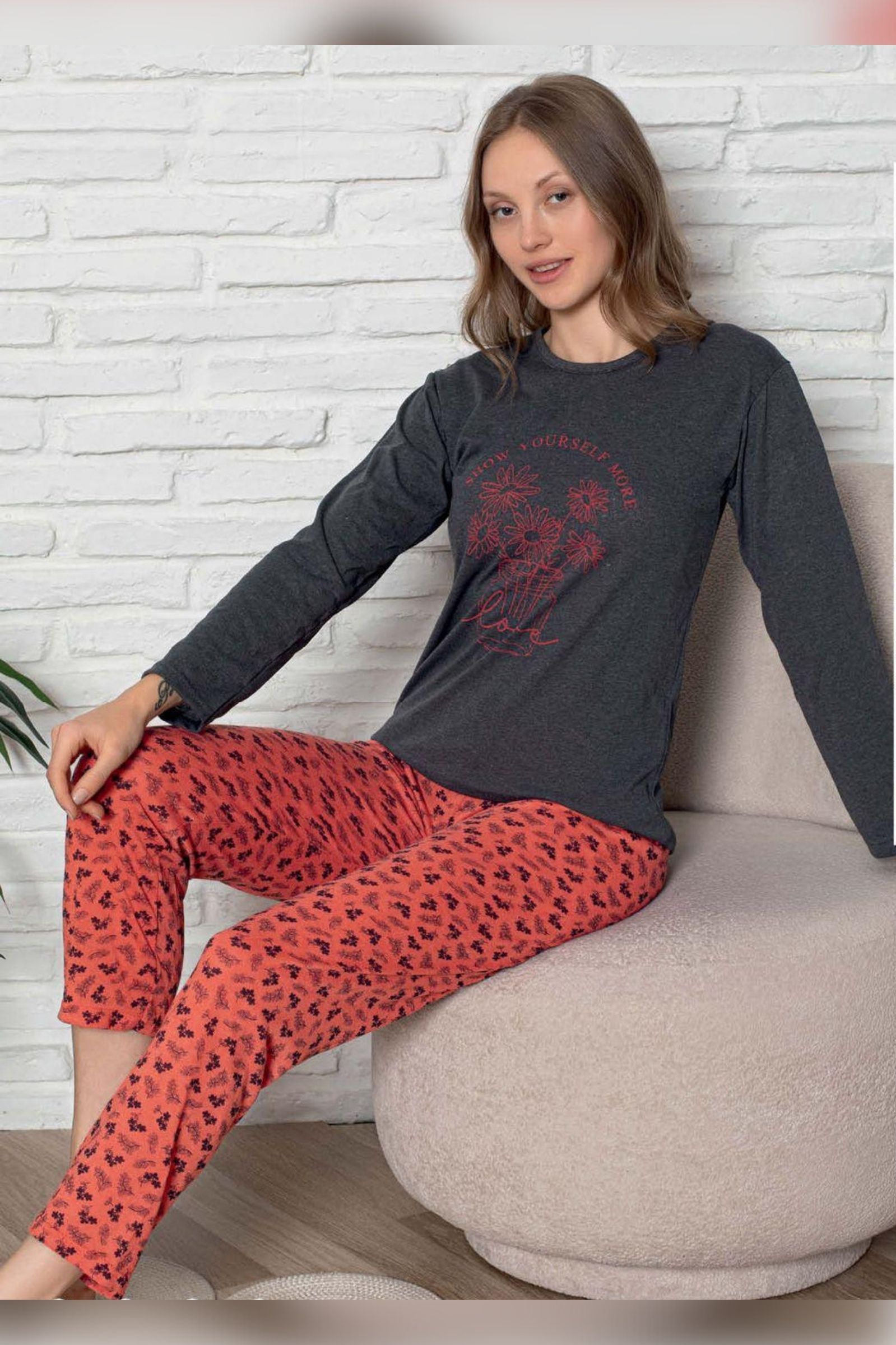 Ecodream Uzun Kollu Desenli Ekonomik Kadın Pijama Takımı - FÜME