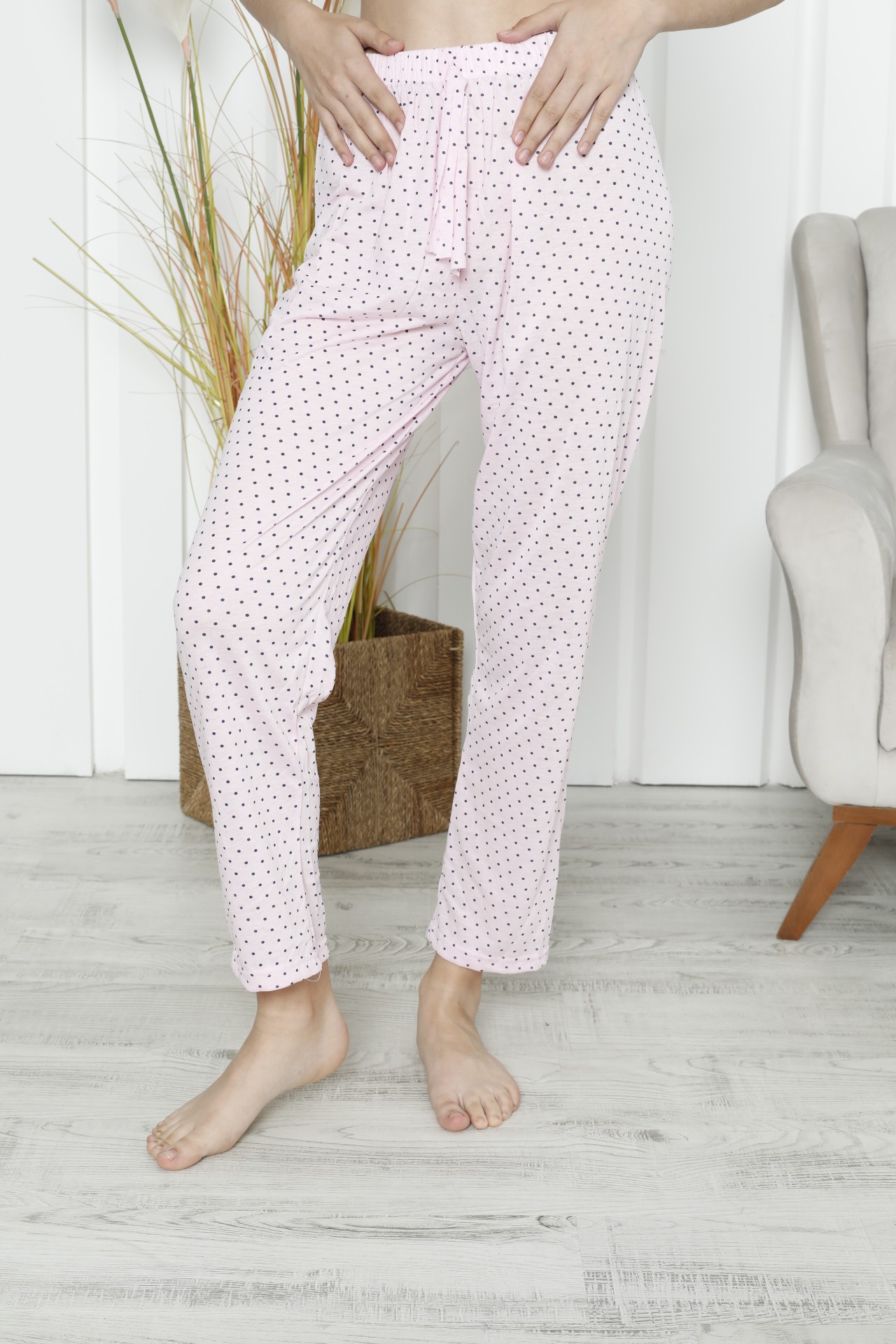 Dreamy Likralı Pamuklu Desenli Kurdelalı Pijama Altı Pantolon - Pembe
