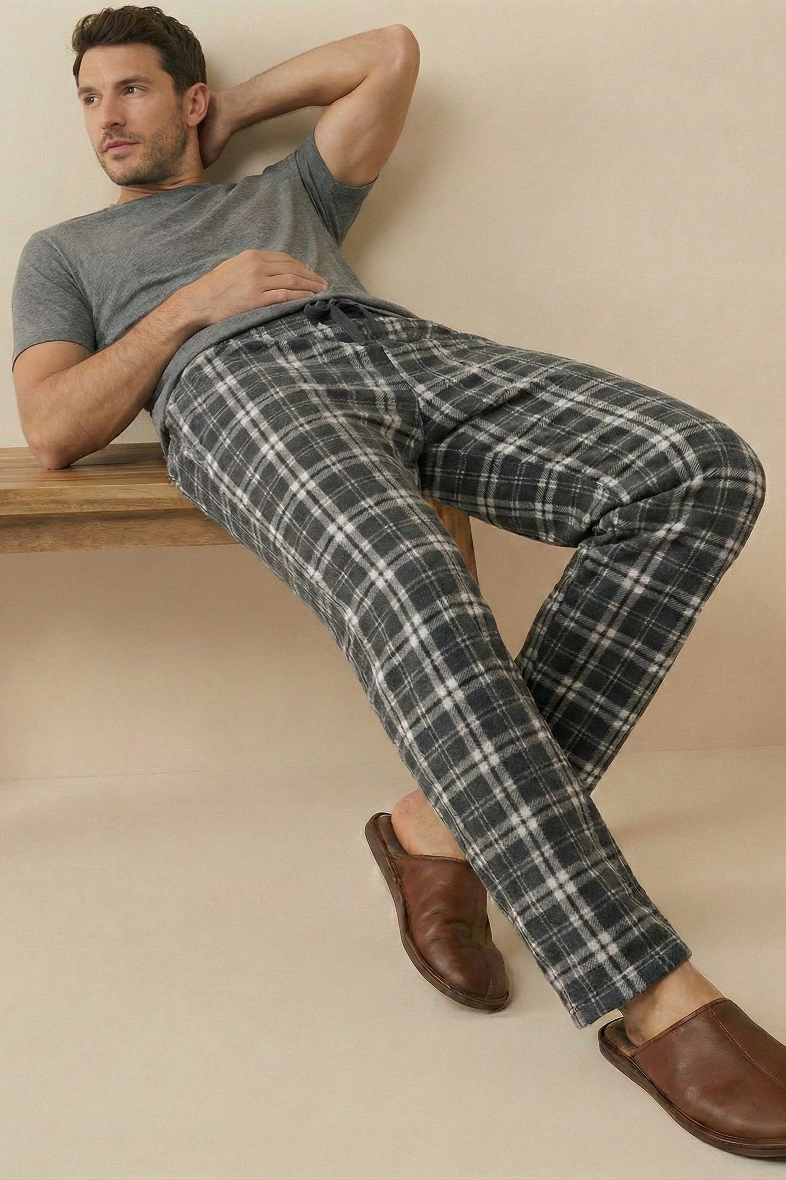 Luxury Soft Wellsoft Polar Ekose Kare Desenli Kışlık Pijama Altı Pantolon - Gri