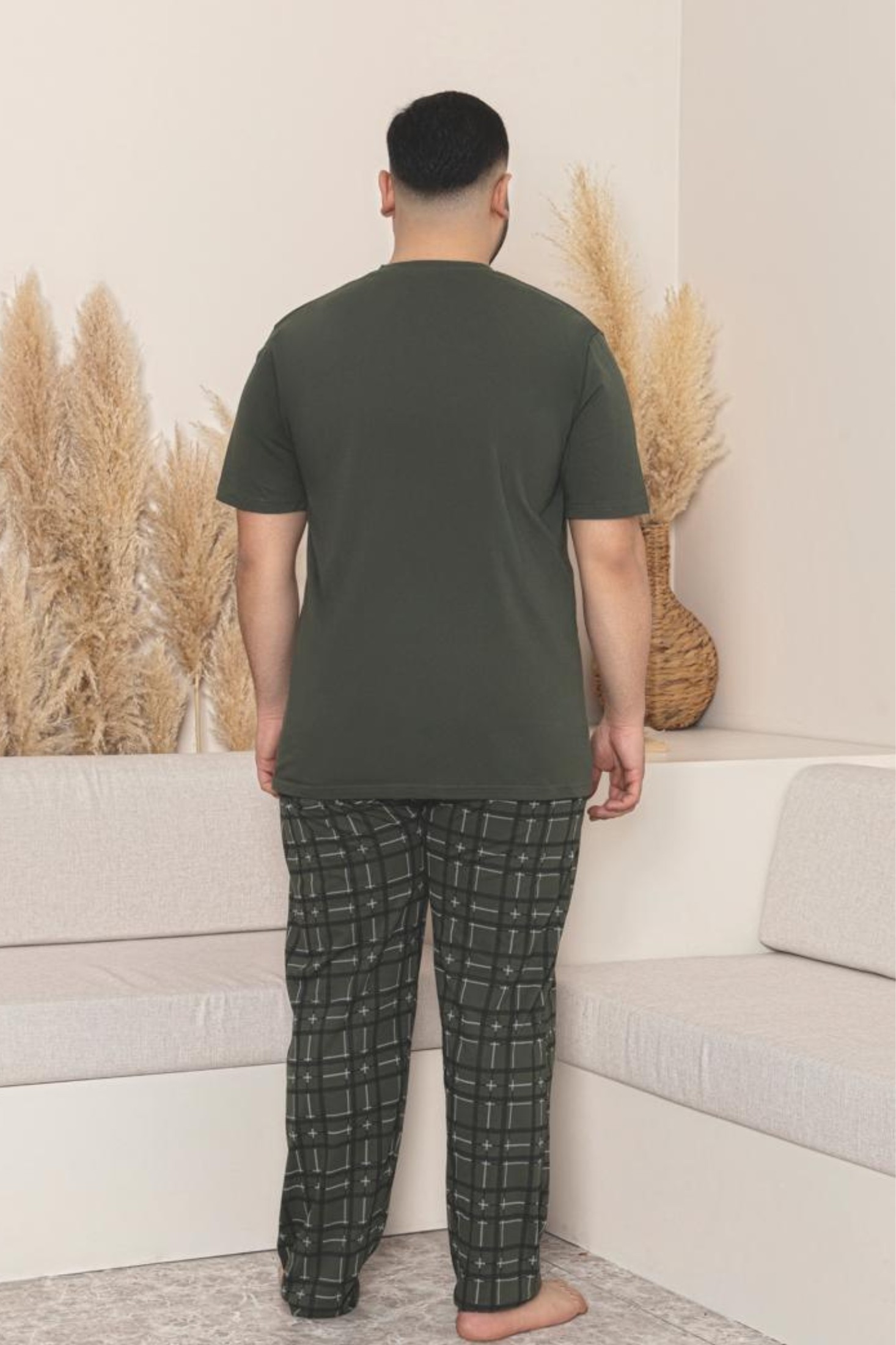 Büyük Beden Pamuklu Cepli Kısa Kollu Erkek Pijama Takımı - Yeşil