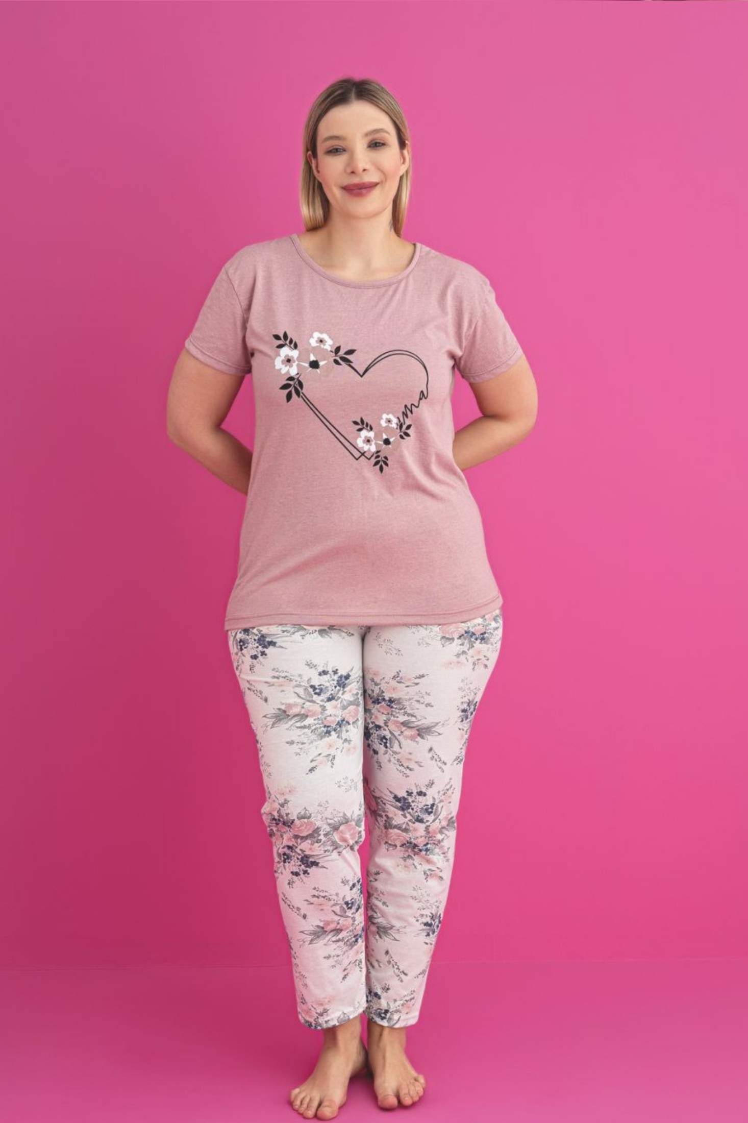 X-Dreamy Büyük Beden Pamuklu Desenli Kısa Kollu Pijama Takımı - Kahverengi