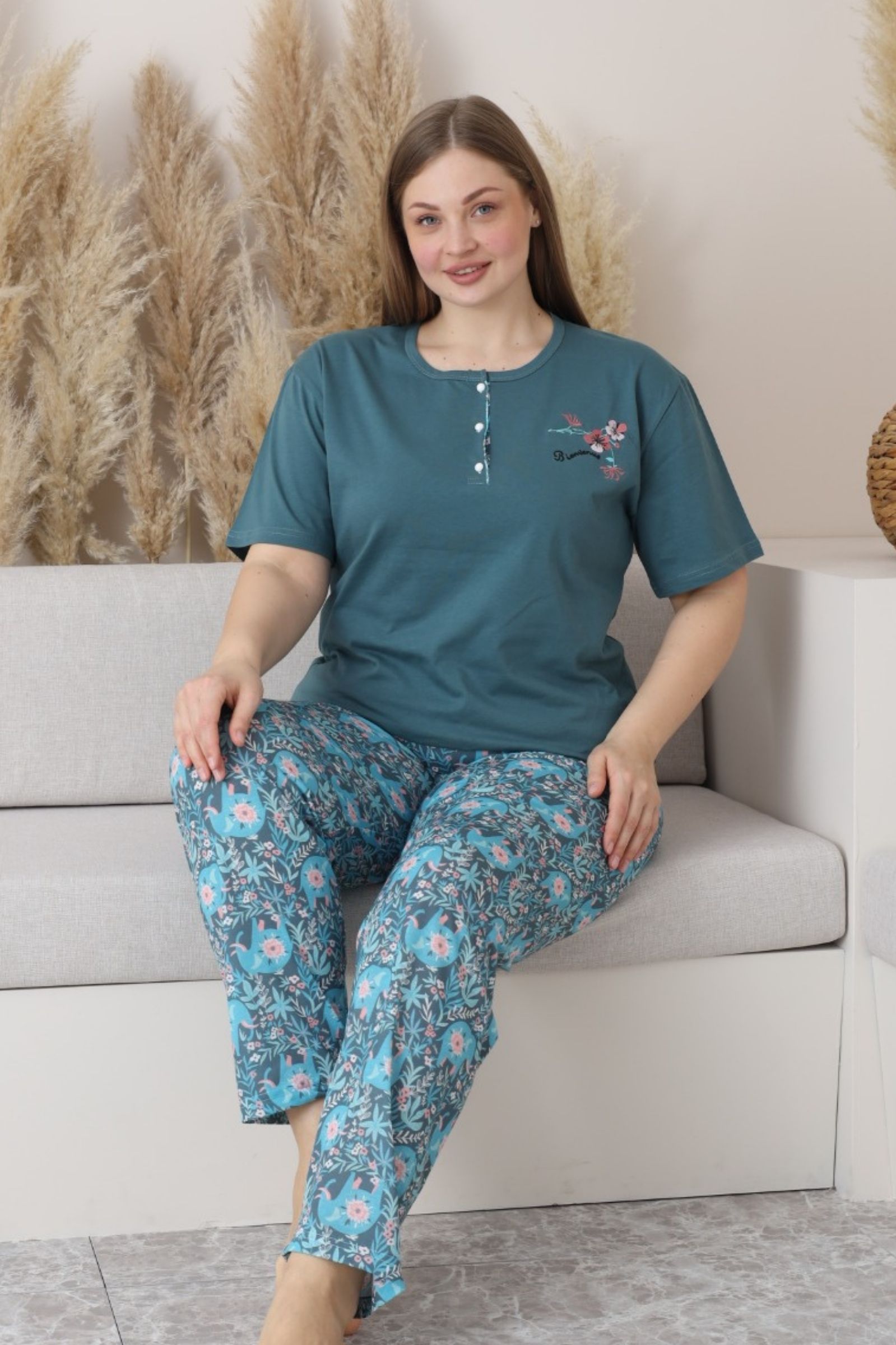 X-Dreamy Büyük Beden Pamuklu Düğmeli Yaka Kısa Kollu Penye Pijama Takımı - Petrol Yeşili
