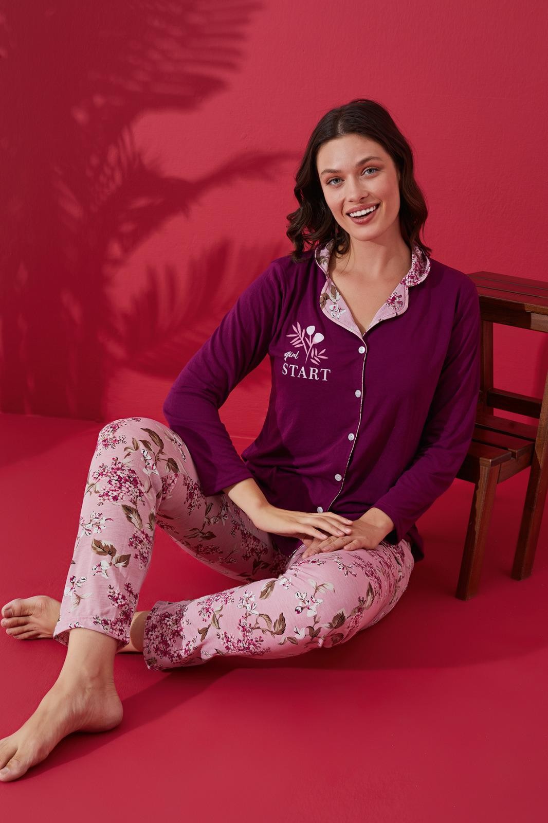 Dreamy Pamuklu Biyeli Önden Düğmeli Kadın Gömlek Pijama Takımı - Bordo