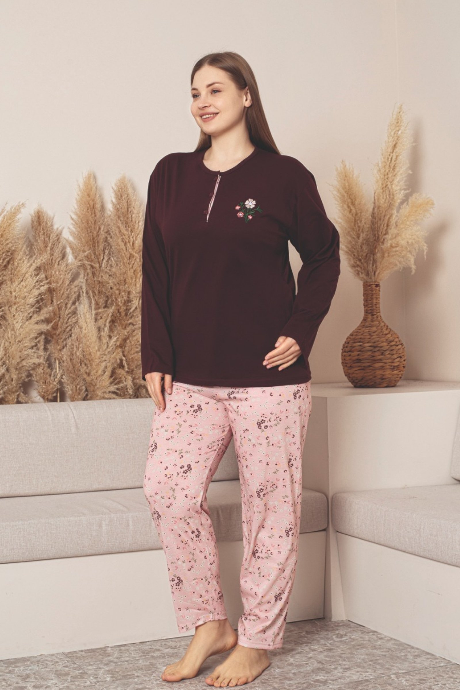 X-Dreamy Büyük Beden Pamuklu Düğmeli Yaka Uzun Kollu Penye Pijama Takımı - Bordo