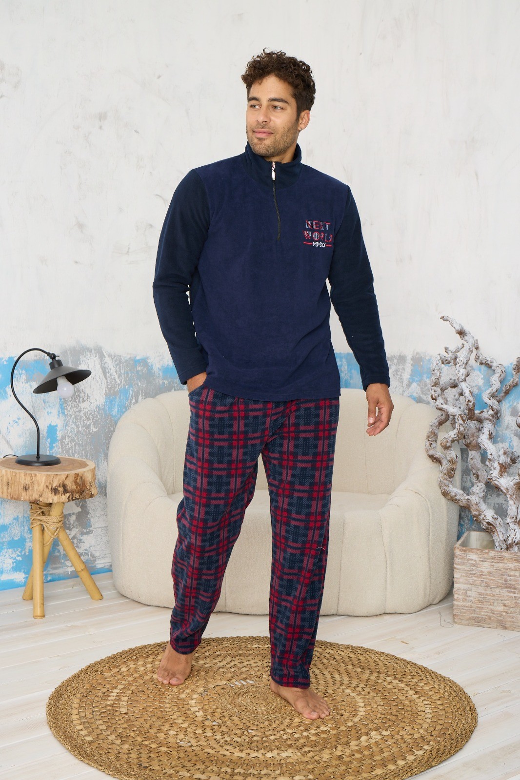 Luxury Soft Polar Ekose Kareli Fermuarlı Yaka Erkek Pijama Takımı - Lacivert-Kırmızı
