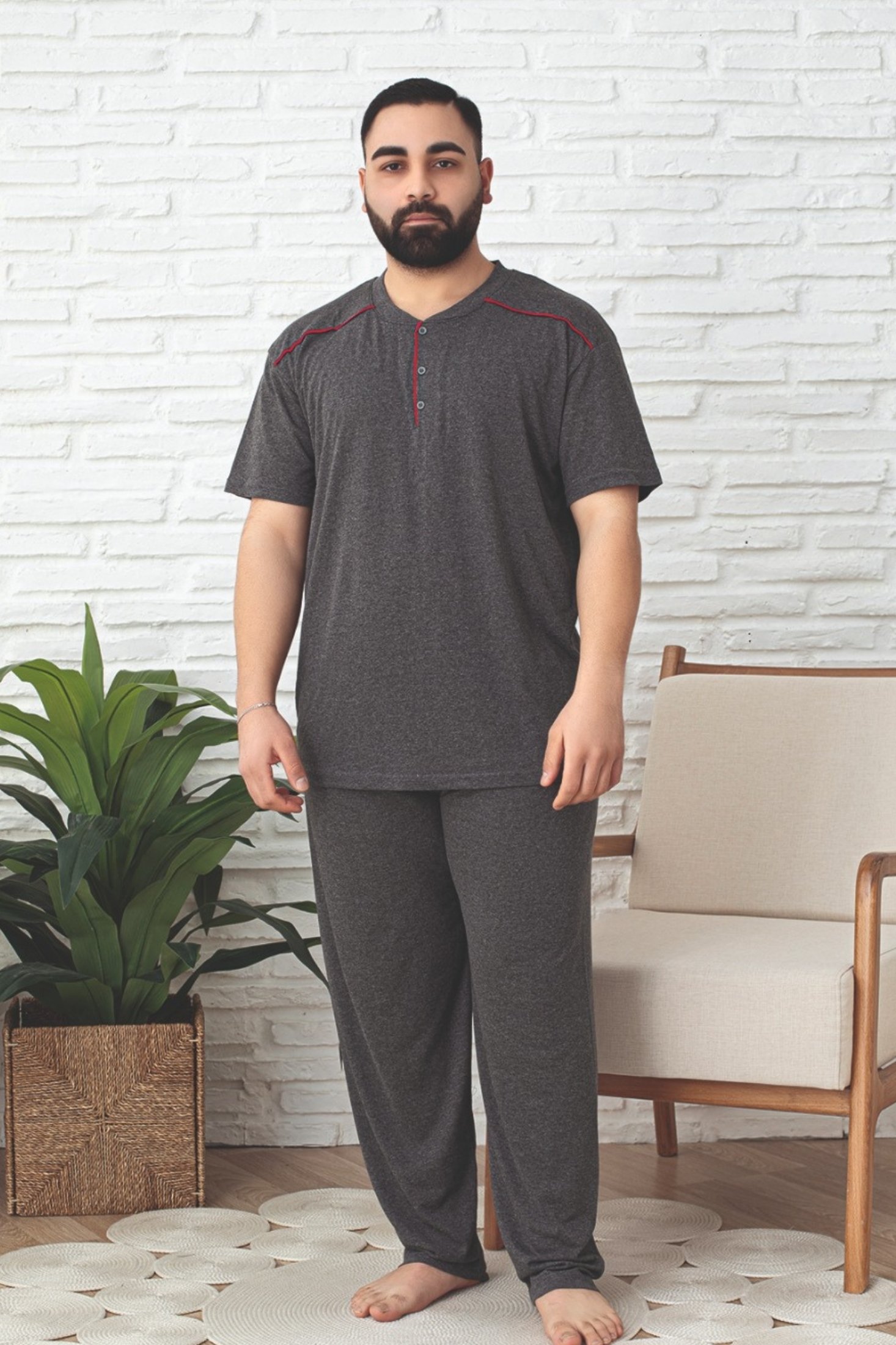 Büyük Beden Pamuklu Cepli Düğmeli Yaka Kısa Kollu Erkek Pijama Takımı - FÜME