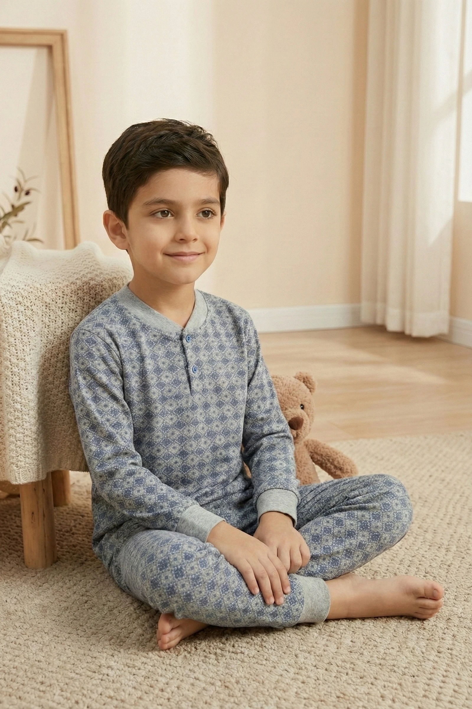 Pamuklu 2 iplik Şardonlu Manşetli Düğmeli Yaka Erkek Çocuk Pijama Takımı