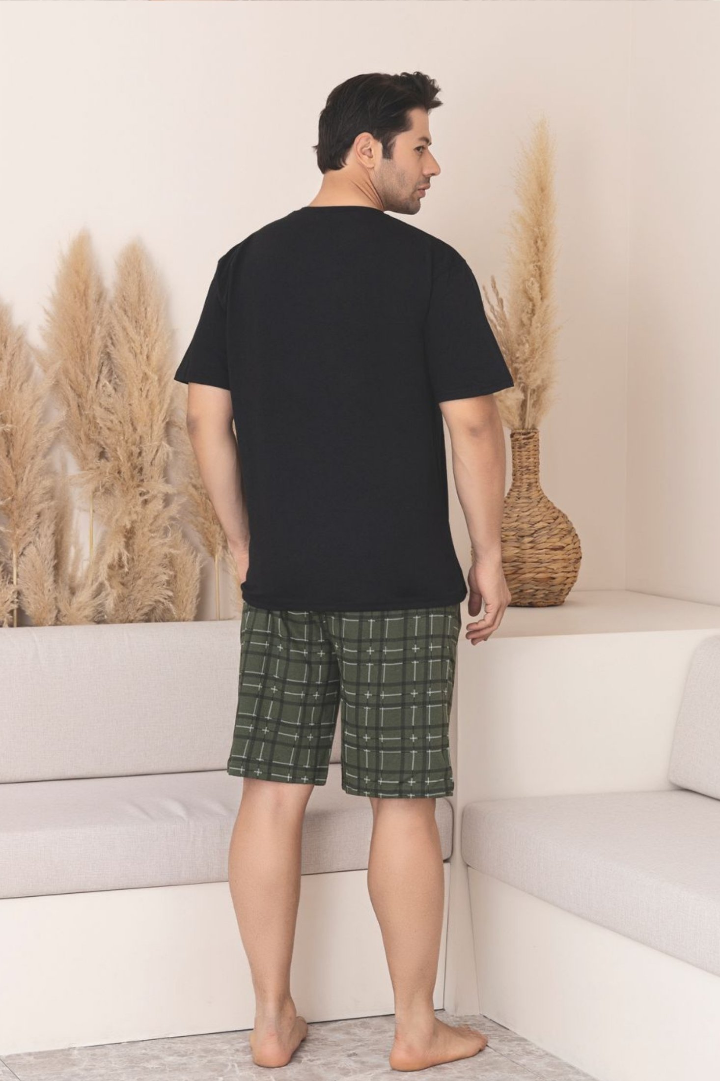 Büyük Beden Pamuklu Cepli Kısa Kollu Şortlu Erkek Pijama Takımı - Siyah