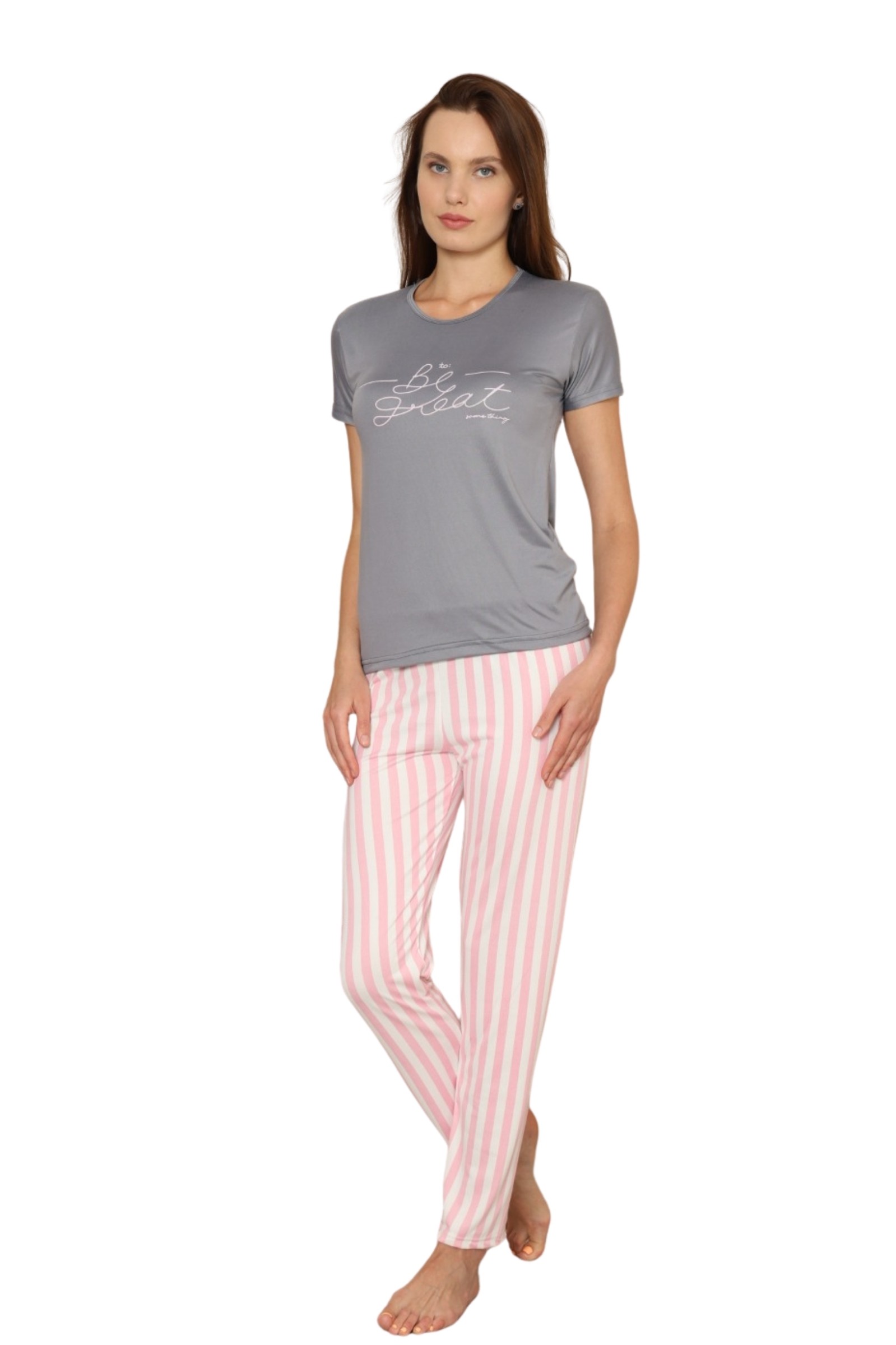 Dreamy Milan Bambu Likralı Desenli Kısa Kollu Pijama Takımı - Gri