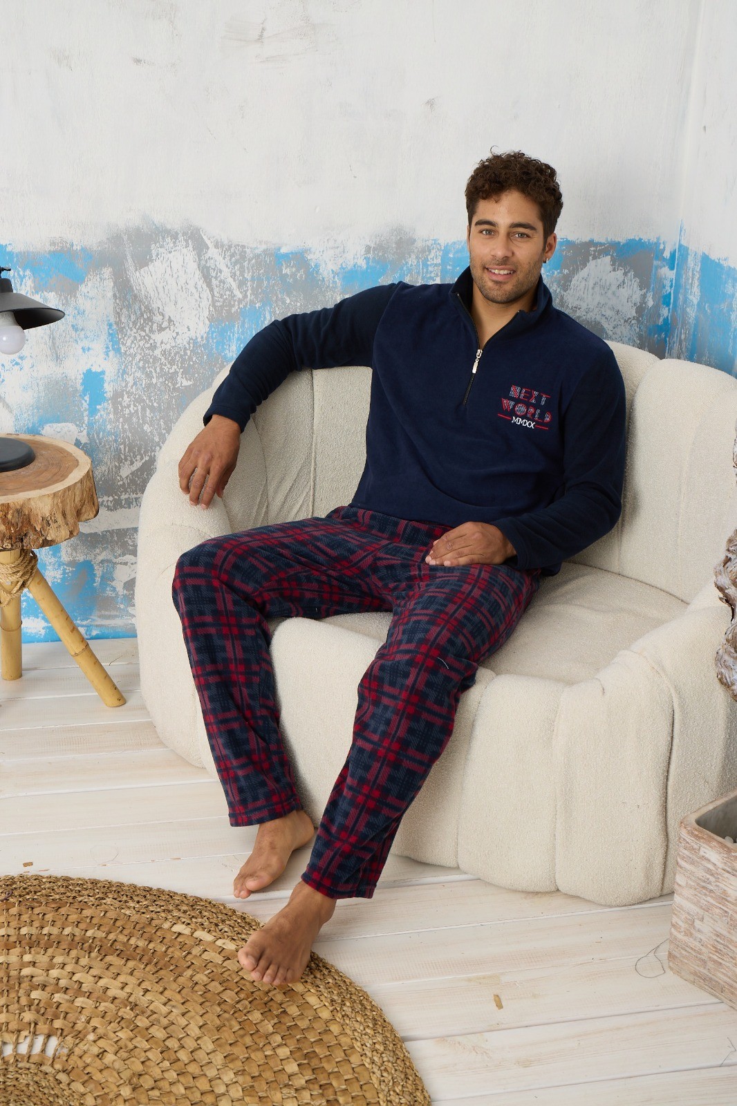 Luxury Soft Polar Ekose Kareli Fermuarlı Yaka Erkek Pijama Takımı - Lacivert-Kırmızı