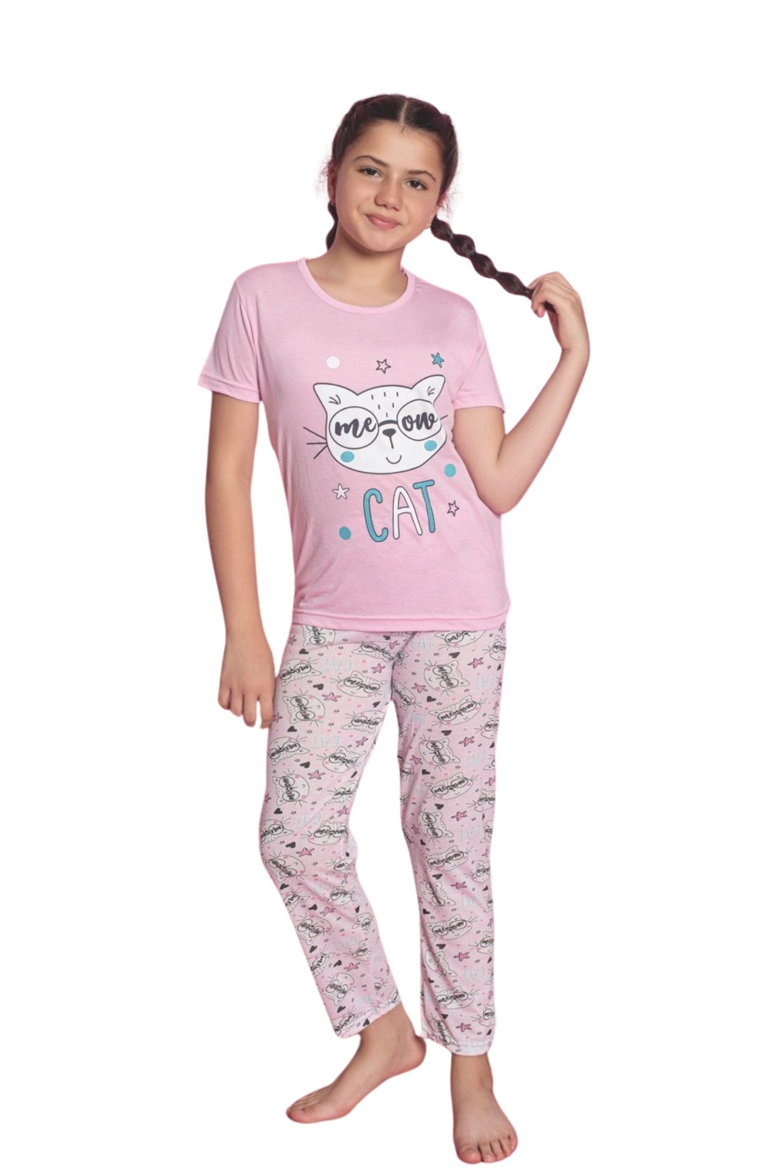 Faryakids Pamuklu Kısa Kollu Kedi Desenli Kız Çocuk Pijama Takımı - Pembe