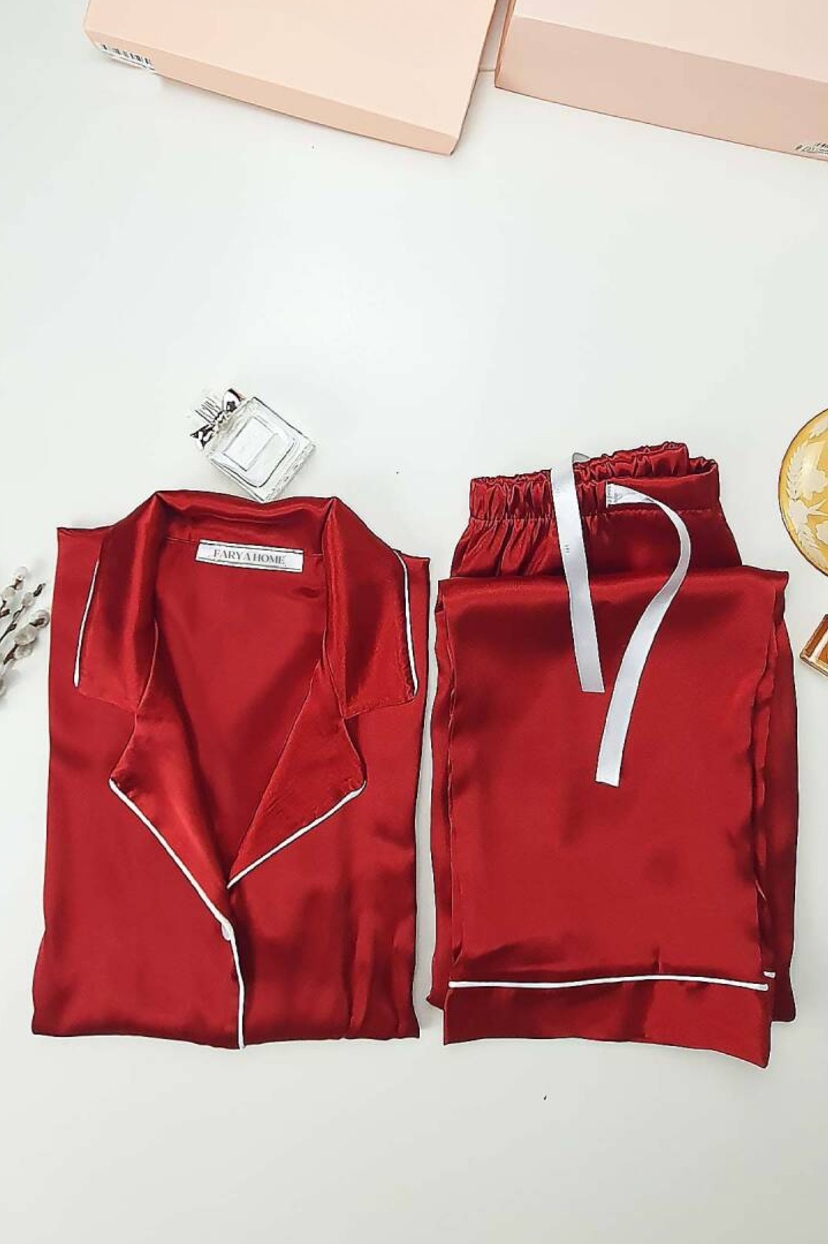 Faryanight İpek Saten Uzun Kollu Biyeli Düğmeli Gömlek Pijama Takımı - Bordo
