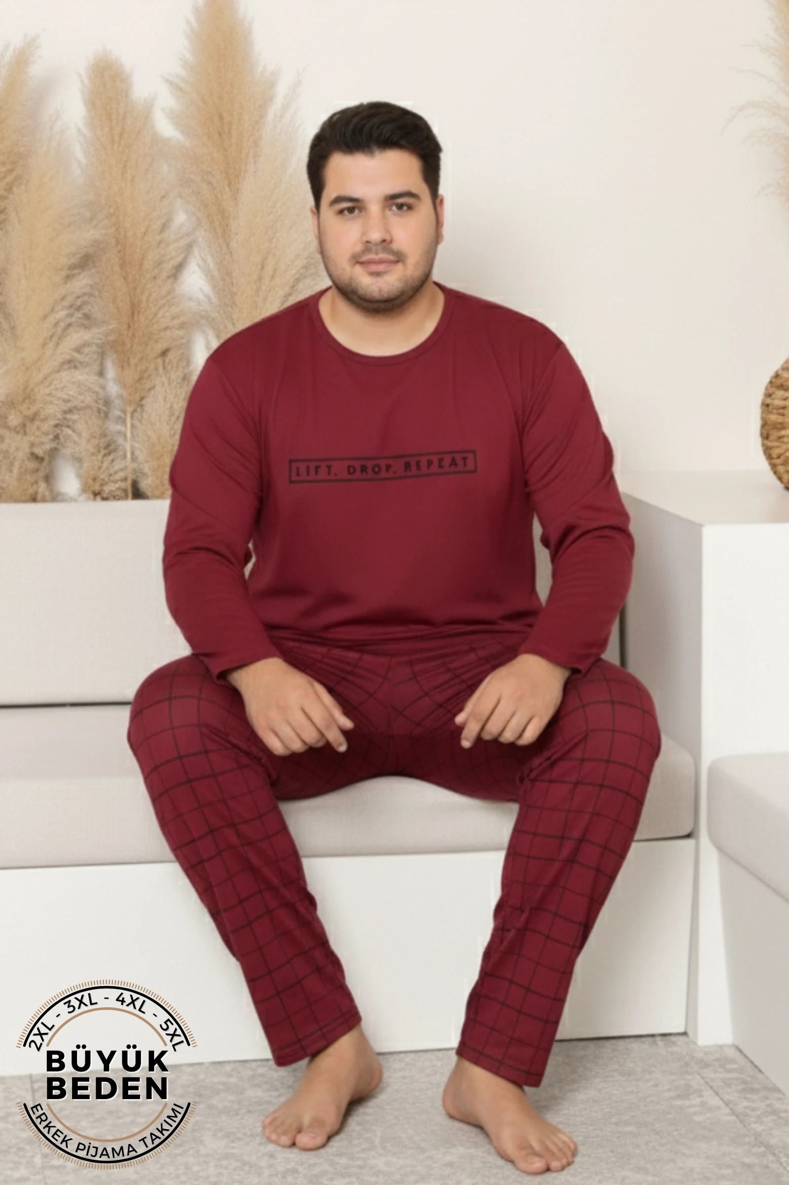 Büyük Beden Pamuklu Uzun Kollu Ekose Kareli Erkek Pijama Takımı - Bordo