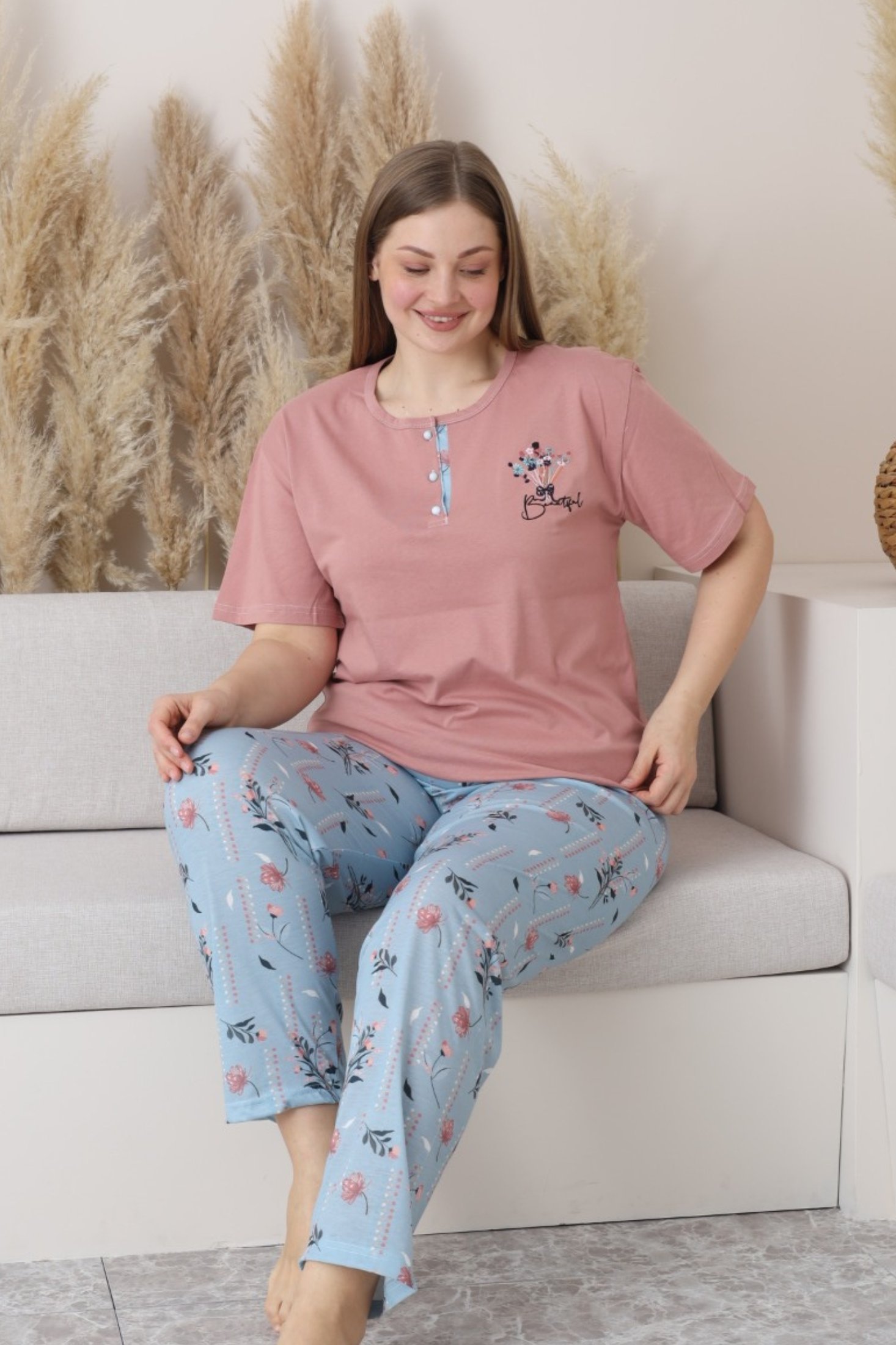 X-Dreamy Büyük Beden Pamuklu Düğmeli Yaka Kısa Kollu Penye Pijama Takımı - Somon