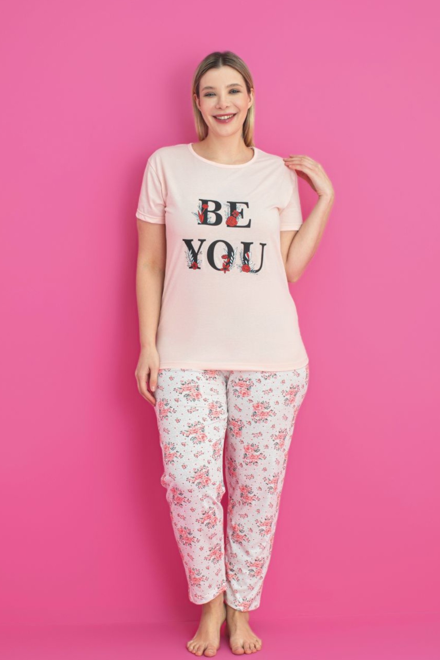 X-Dreamy Büyük Beden Pamuklu Desenli Kısa Kollu Pijama Takımı - Somon