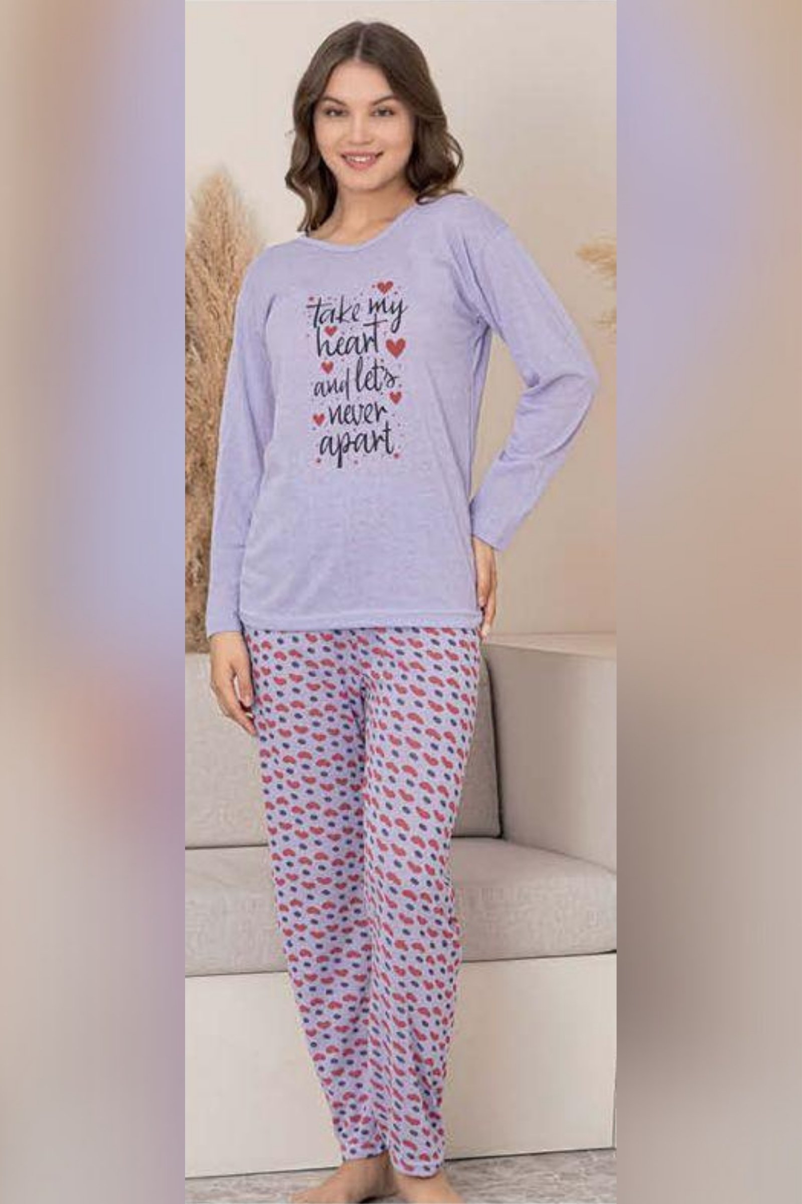 Ecodream Uzun Kollu Desenli Ekonomik Kadın Pijama Takımı - Lila