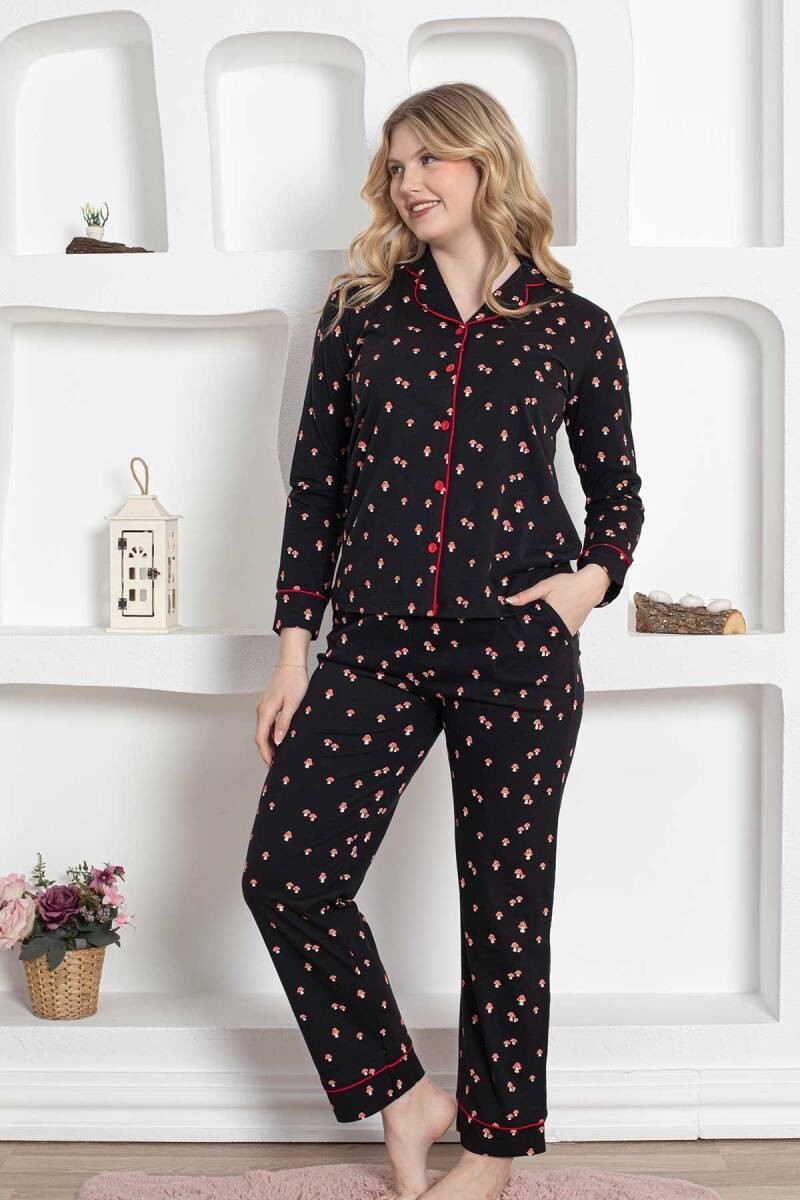Dreamy Pamuklu Biyeli Mantar Desenli Uzun Kollu Gömlek Pijama Takımı