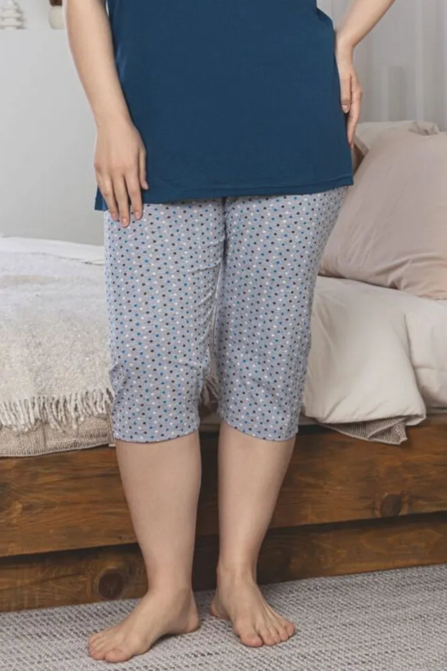 X-Dreamy Büyük Beden Pamuklu Desenli Düğmeli Yaka Kapri Pijama Takımı - Lacivert