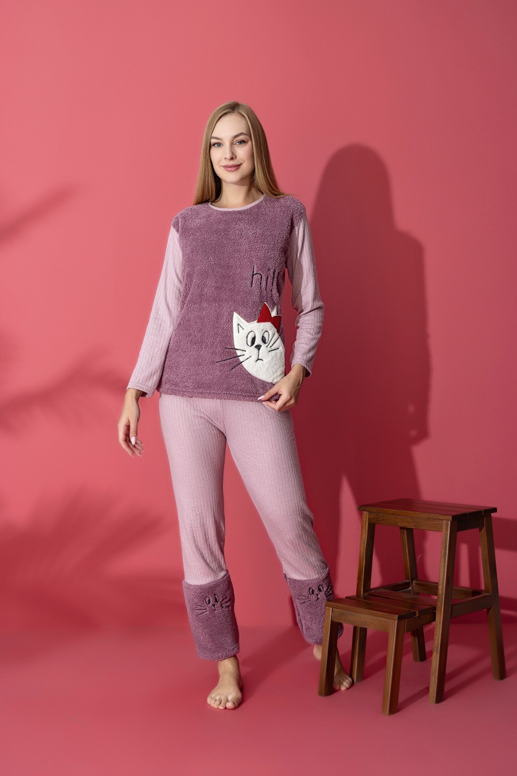 Luxury Soft Kedi Nakışlı Welsoft Pamuklu İnterlok Penye Pijama Takımı