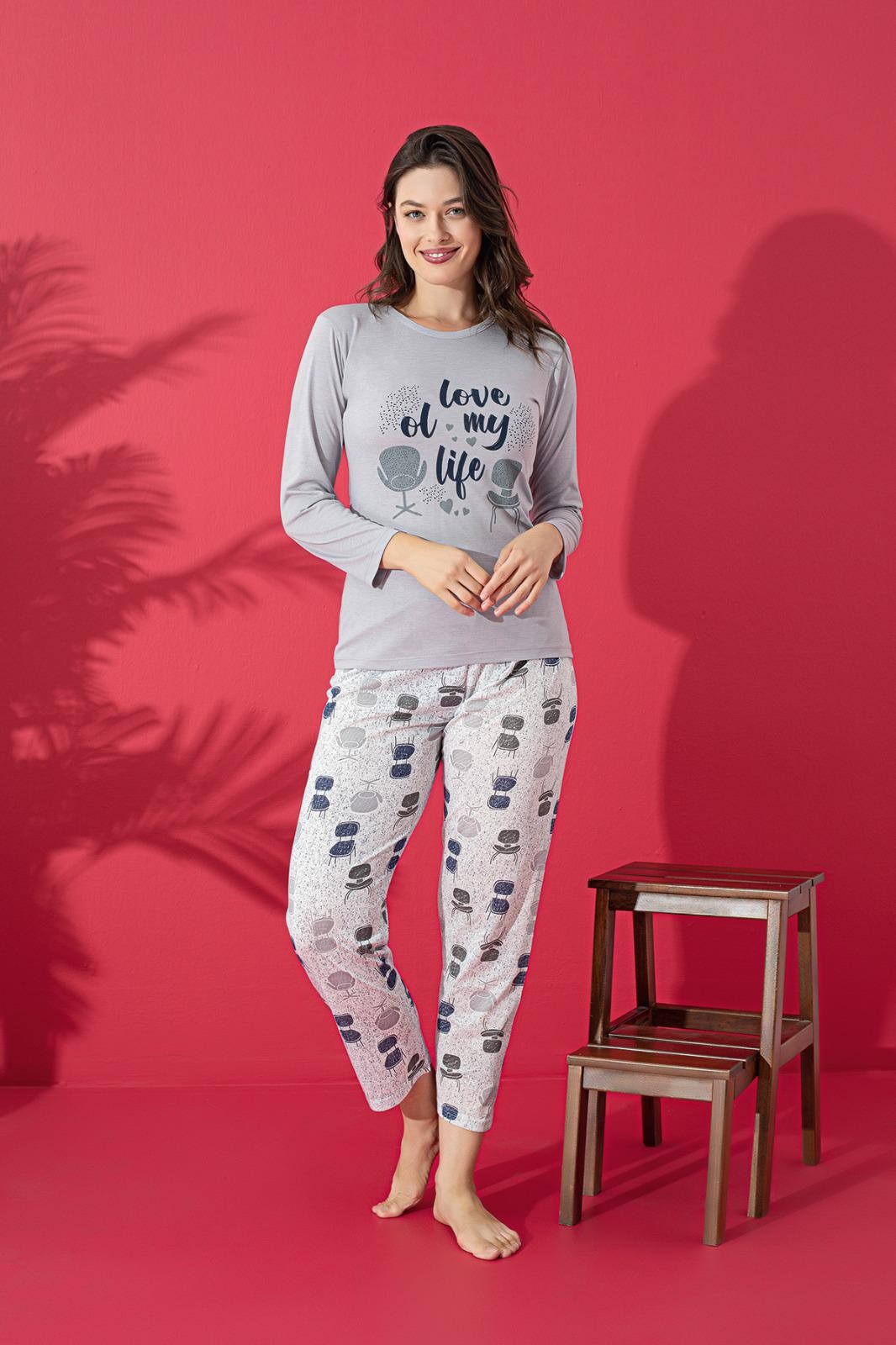 Dreamy Pamuklu Uzun Kollu Desenli Kadın Pijama Takımı - Gri