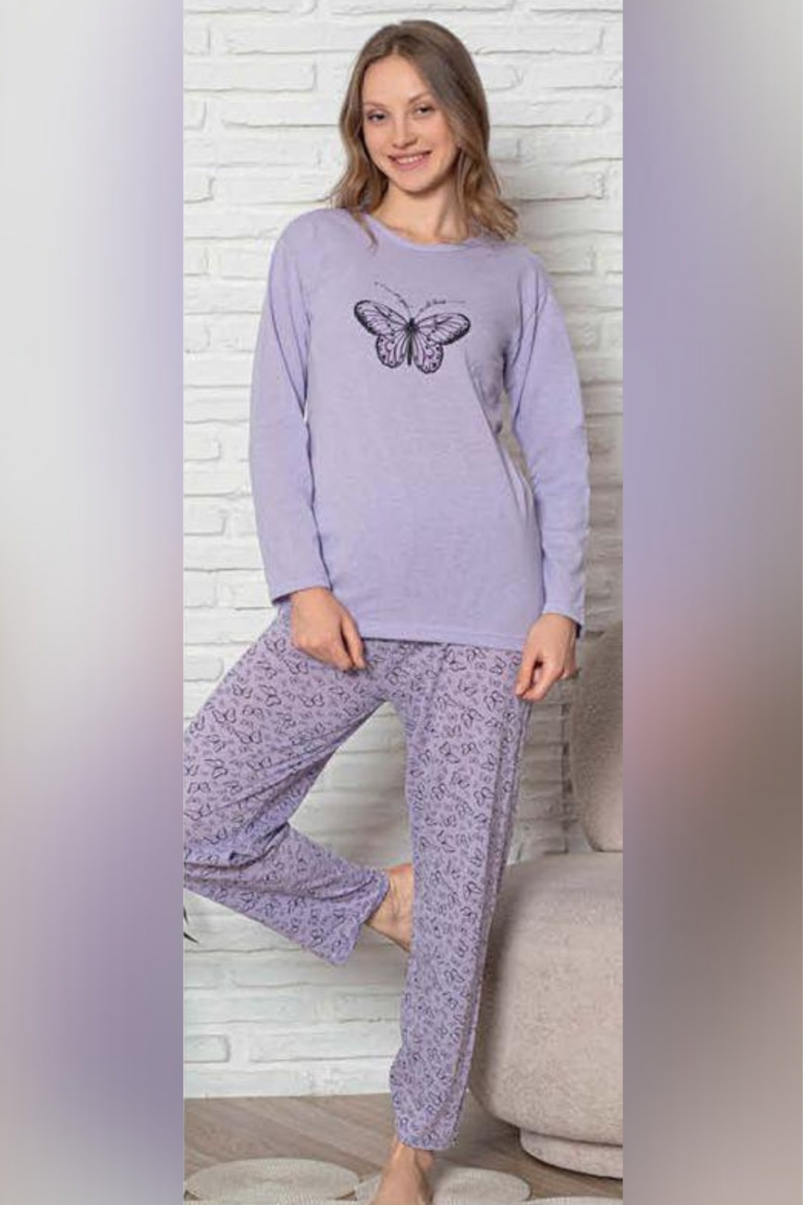 Ecodream Uzun Kollu Desenli Ekonomik Kadın Pijama Takımı - Mor