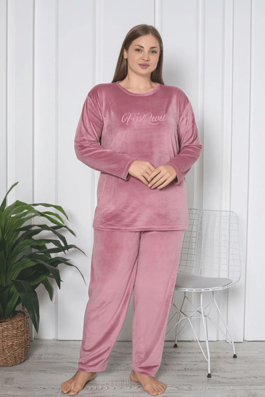 Luxury Velvet Büyük Beden Fransız Kadife Pijama Takımı - Pudra