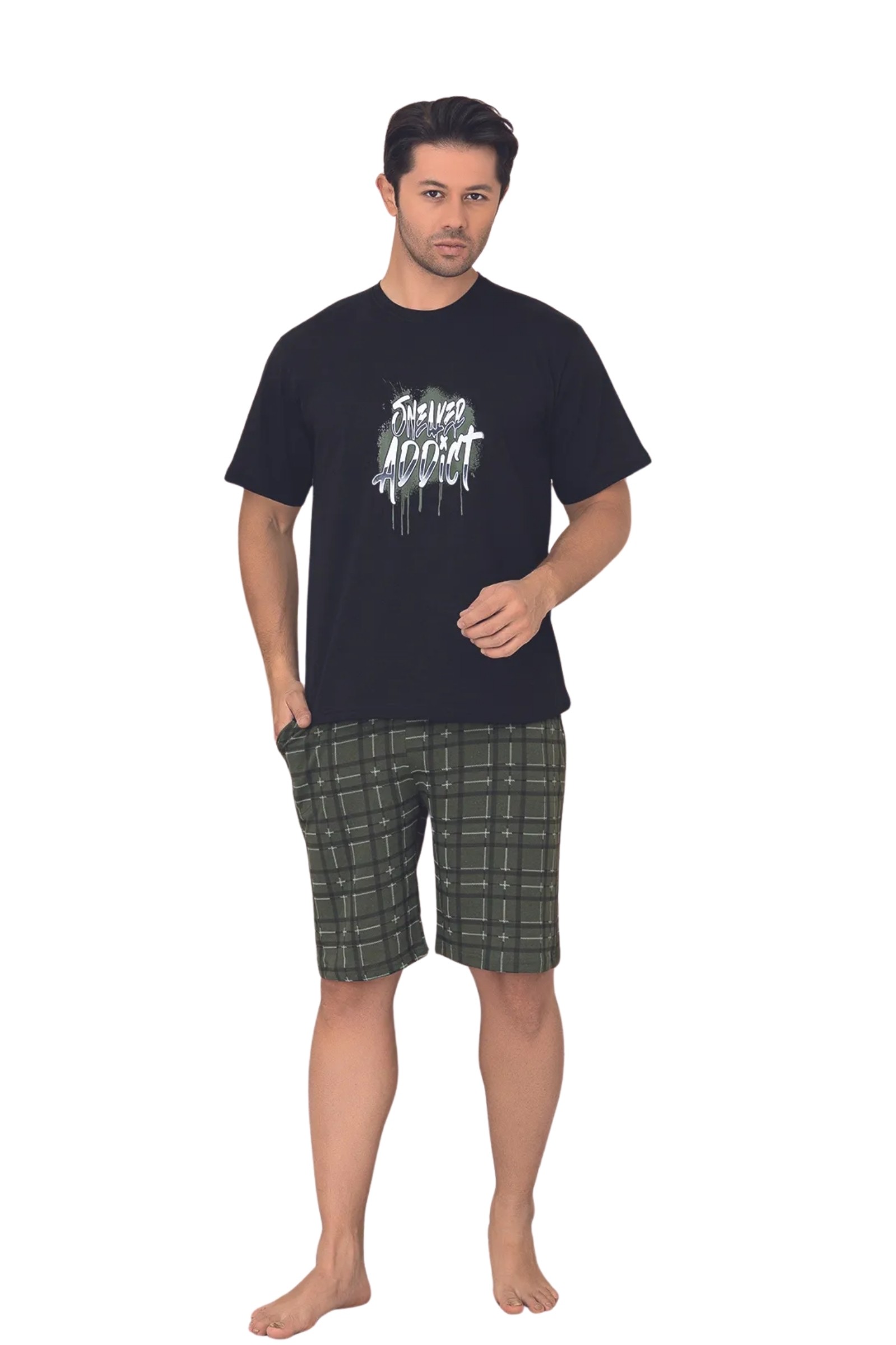 Dreamy Pamuklu Cepli Desenli Kısa Kollu Şortlu Erkek Pijama Takımı - Yeşil