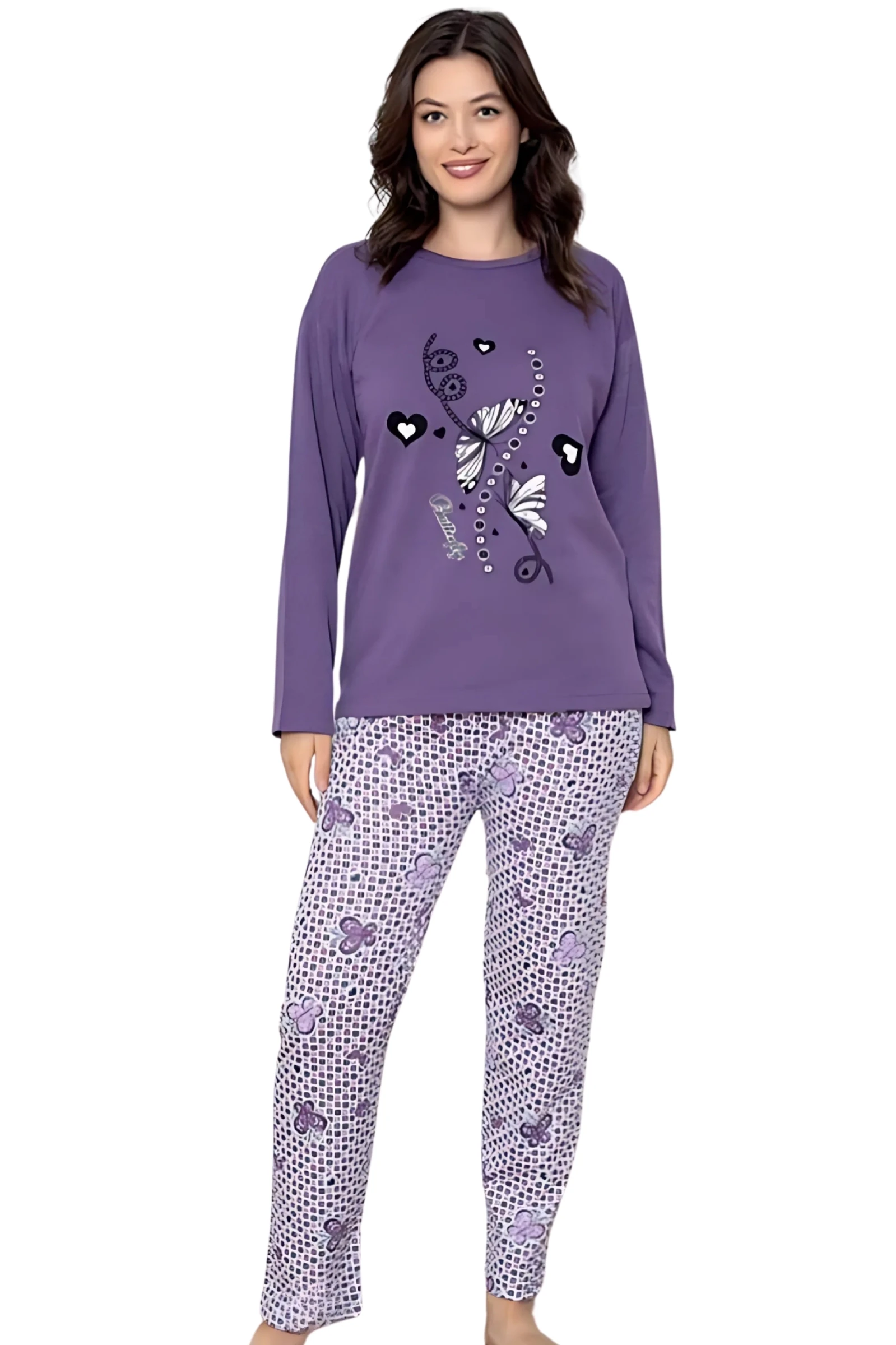Dreamy Pamuklu Desenli 2 İplik Uzun Kollu Pijama Takımı - Mor