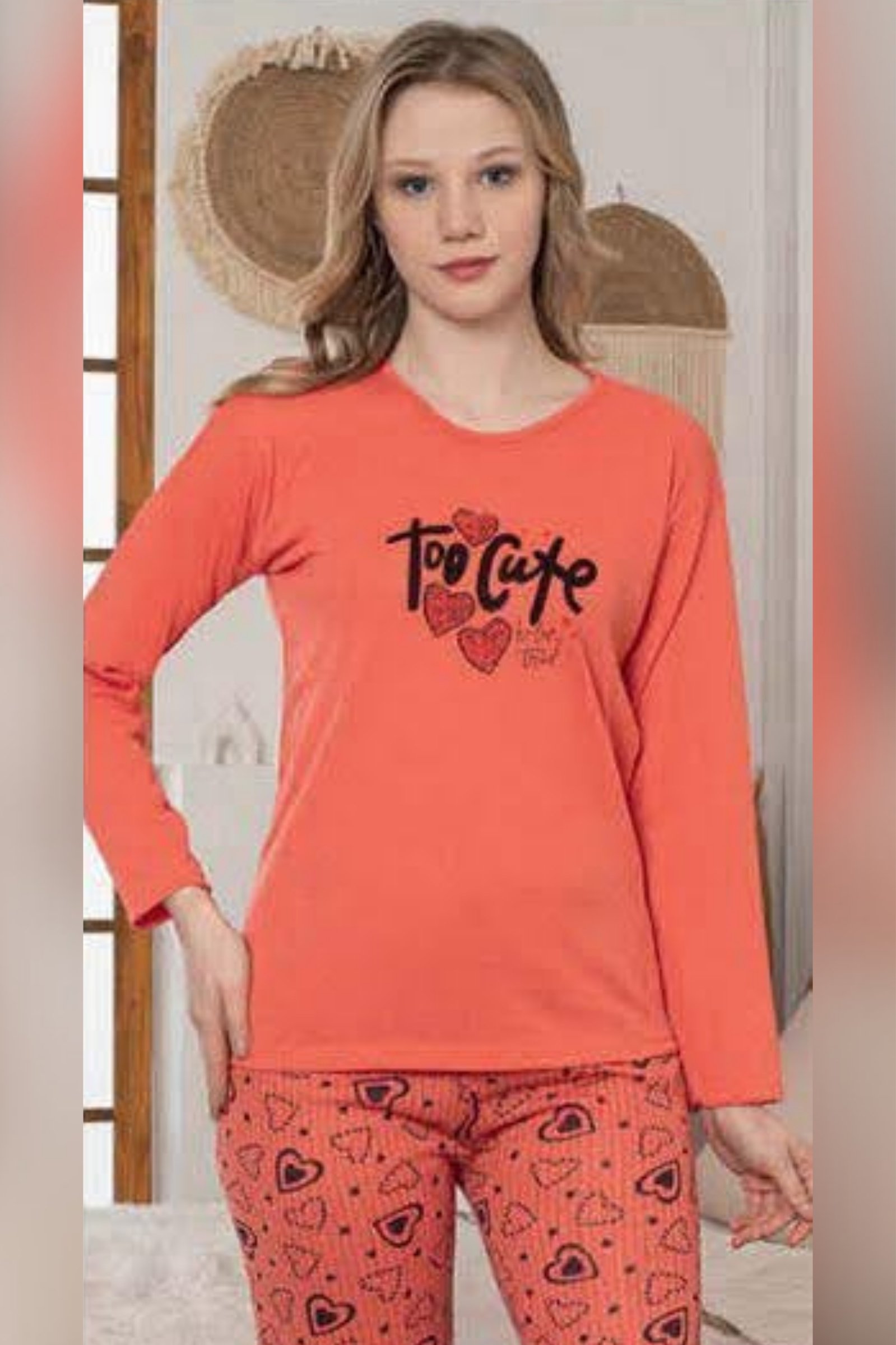 Ecodream Uzun Kollu Desenli Ekonomik Kadın Pijama Takımı - Turuncu