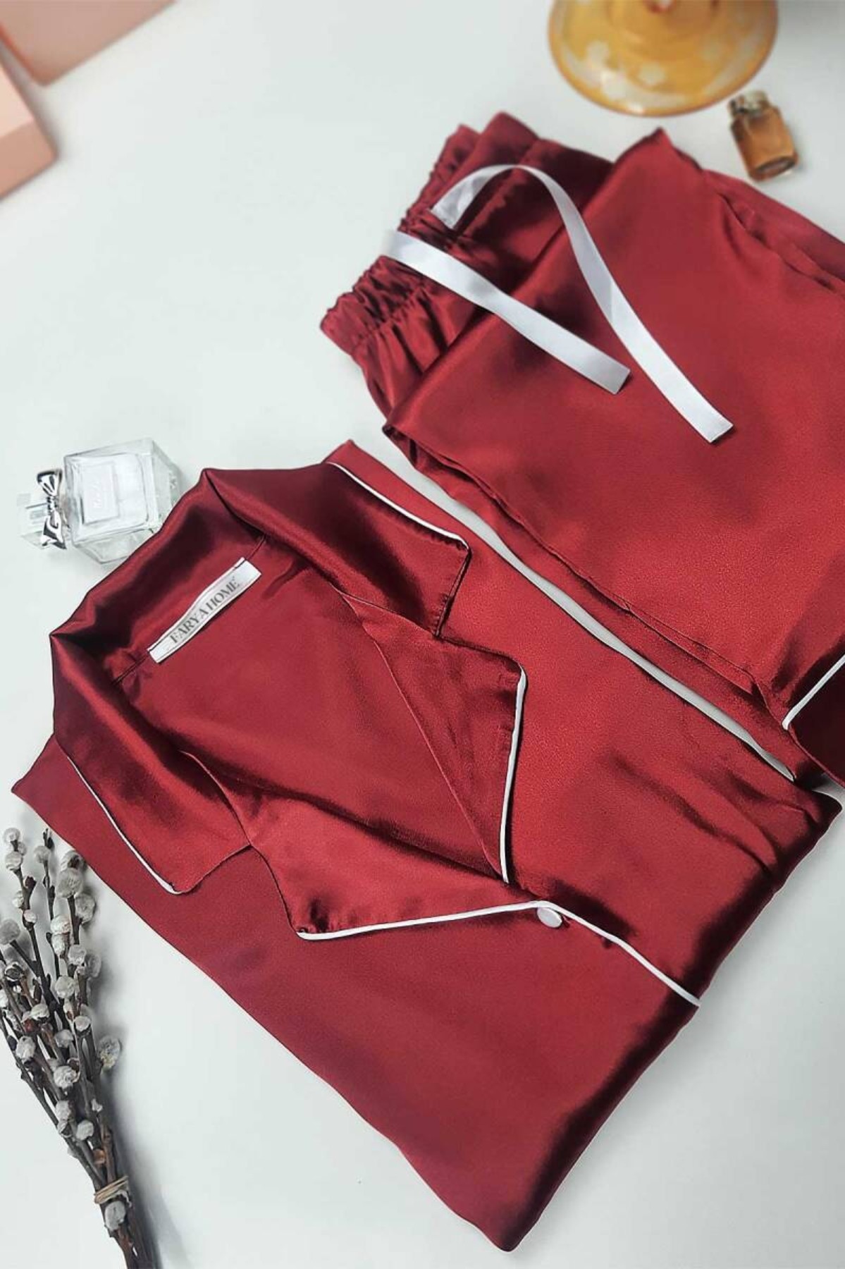 Faryanight İpek Saten Uzun Kollu Biyeli Düğmeli Gömlek Pijama Takımı - Bordo