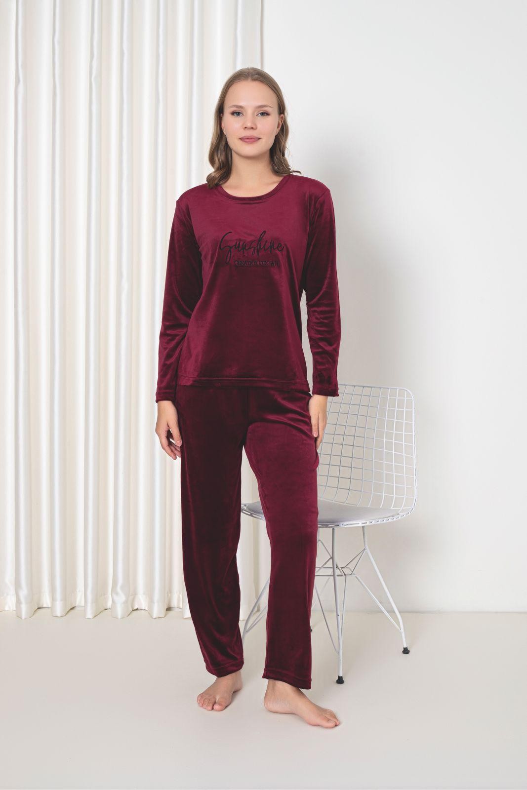 Luxury Velvet Fransız Kadife Yazı Detaylı Pijama Takımı - Mürdüm