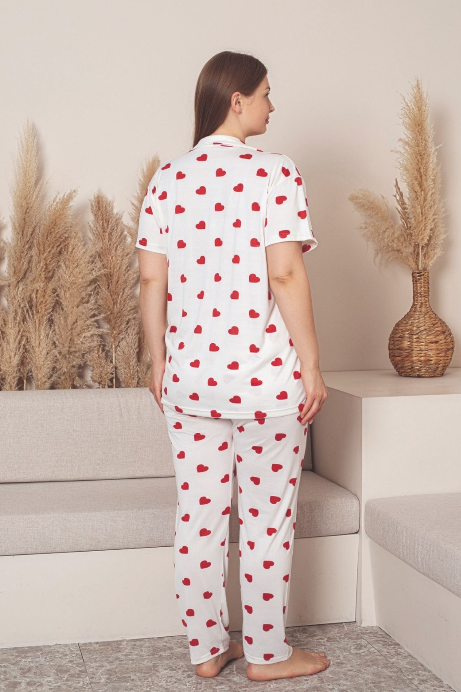 Büyük Beden Milan Düğmeli Kalpli Likralı Gömlek Pijama Takımı