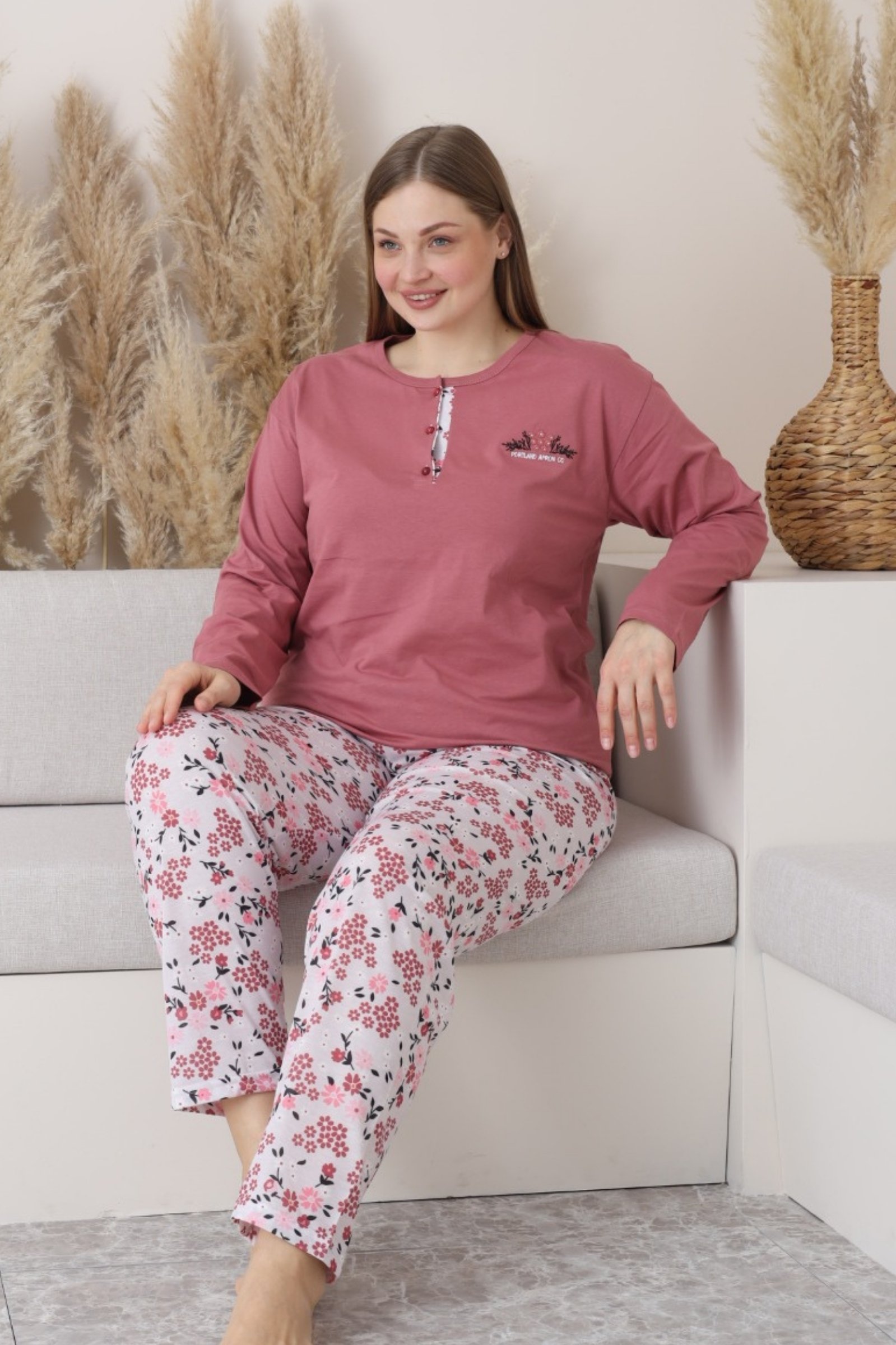 X-Dreamy Büyük Beden Pamuklu Düğmeli Yaka Uzun Kollu Penye Pijama Takımı - Yavruağzı