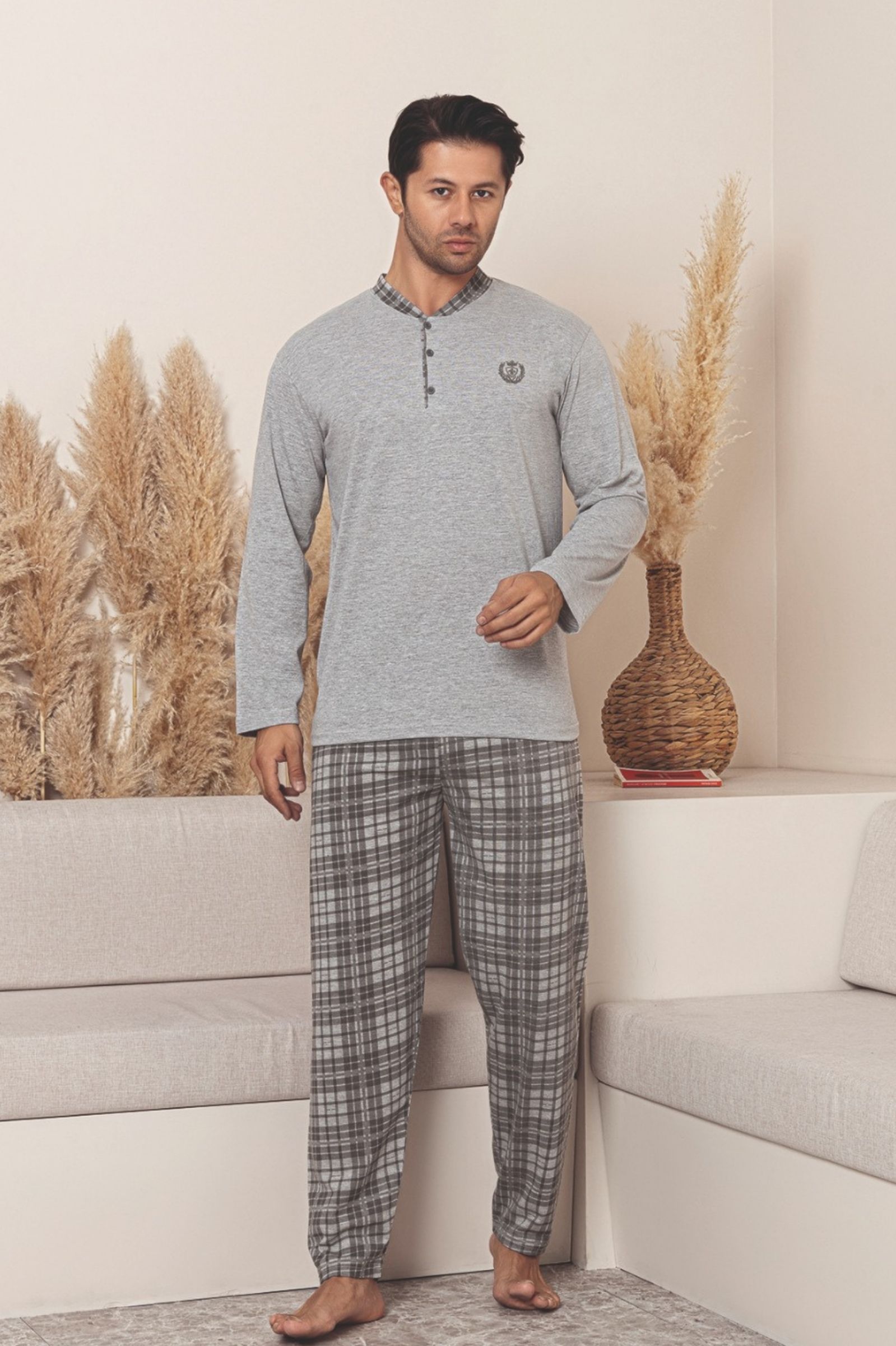 Dreamy Pamuklu Ekose Kareli Uzun Kollu Düğmeli Yaka Erkek Pijama Takımı - Gri