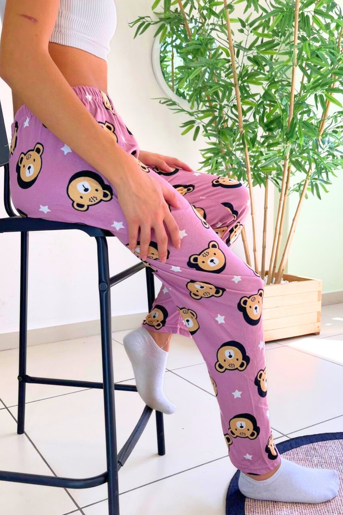 Dreamy Soft Kadife Dokulu Ayıcık Desenli Süet Pijama Altı Pantolon - Lila