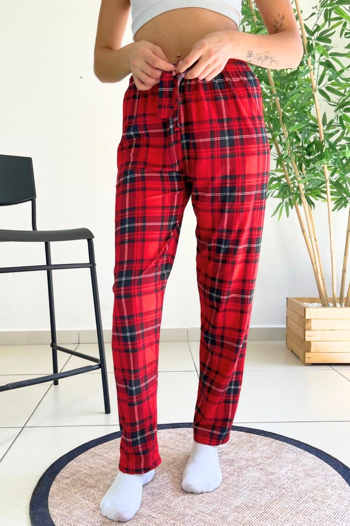 Dreamy Soft Kadife Dokulu Ekose Kareli Süet Pijama Altı Pantolon - Kırmızı