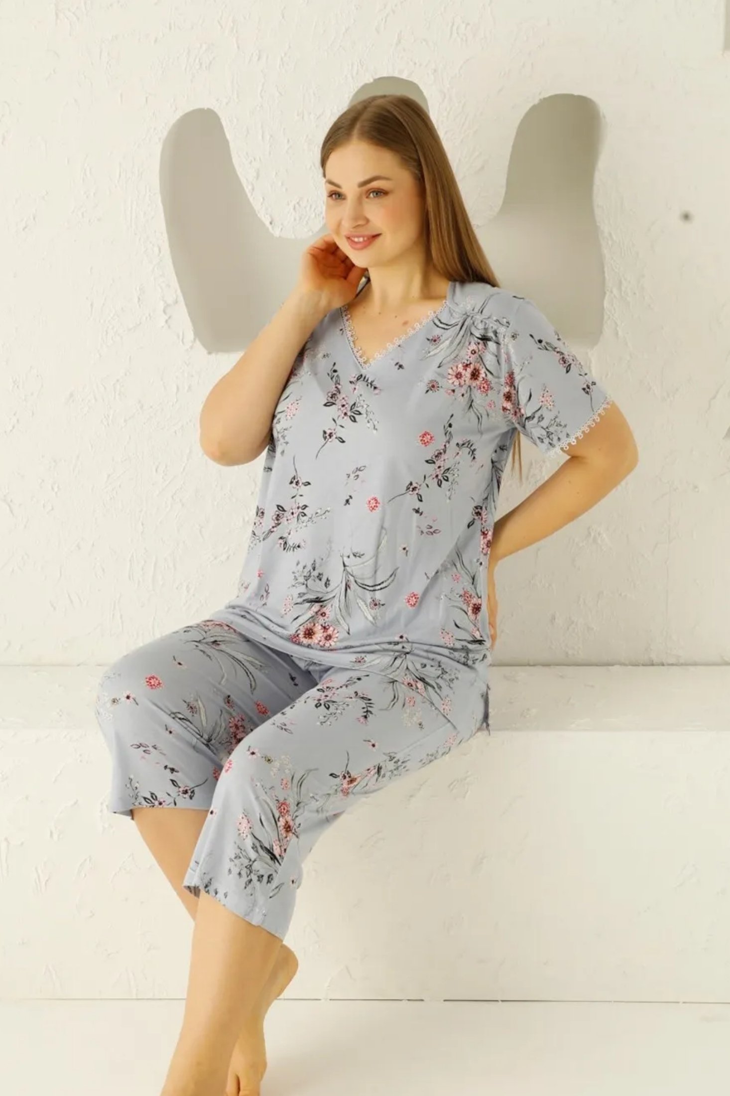X-Dreamy Büyük Beden Likralı Dantelli Çiçekli Bermuda Kapri Takım