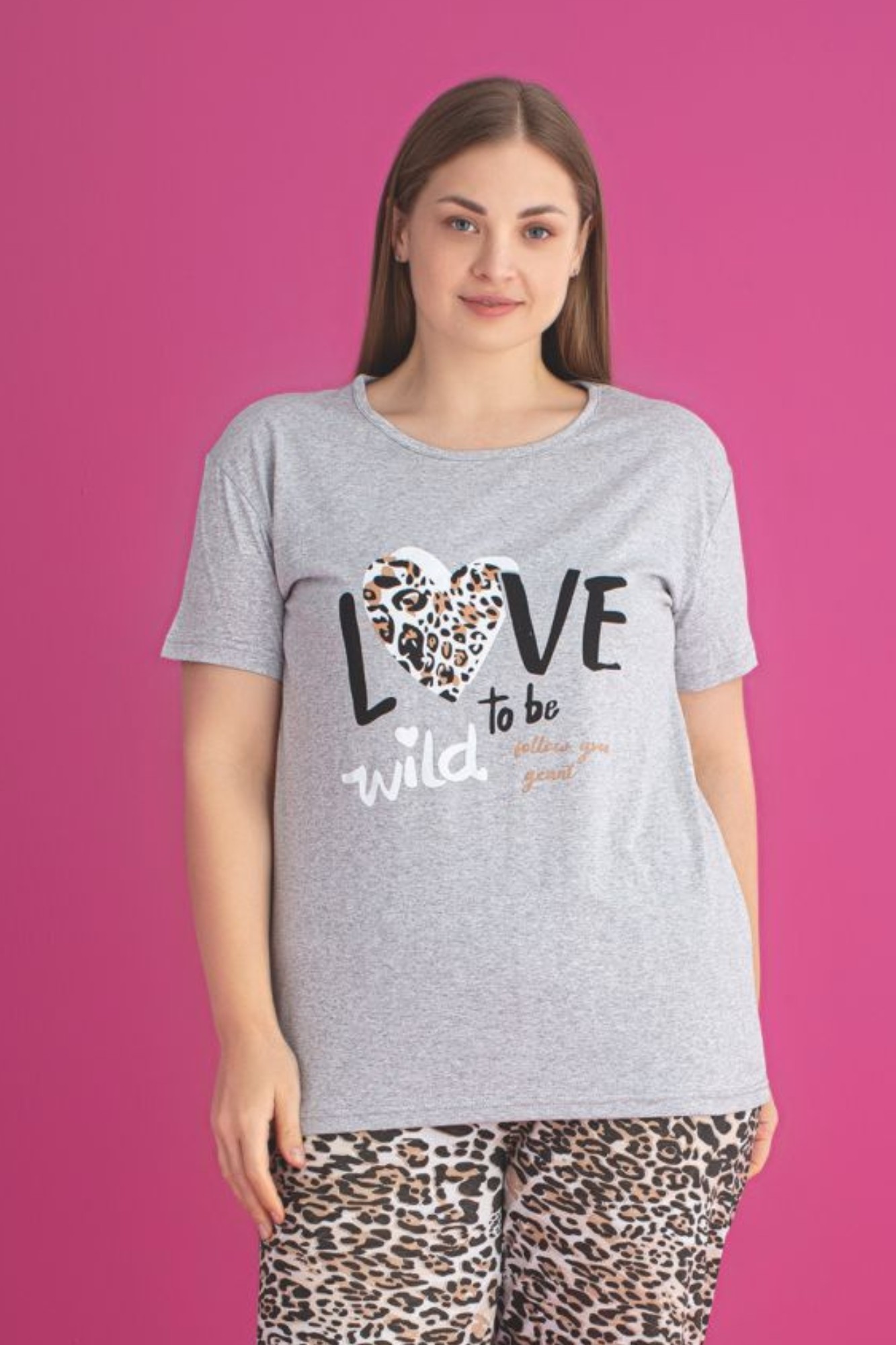 X-Dreamy Büyük Beden Pamuklu Leopar Desenli Kısa Kollu Pijama Takımı - Leopar