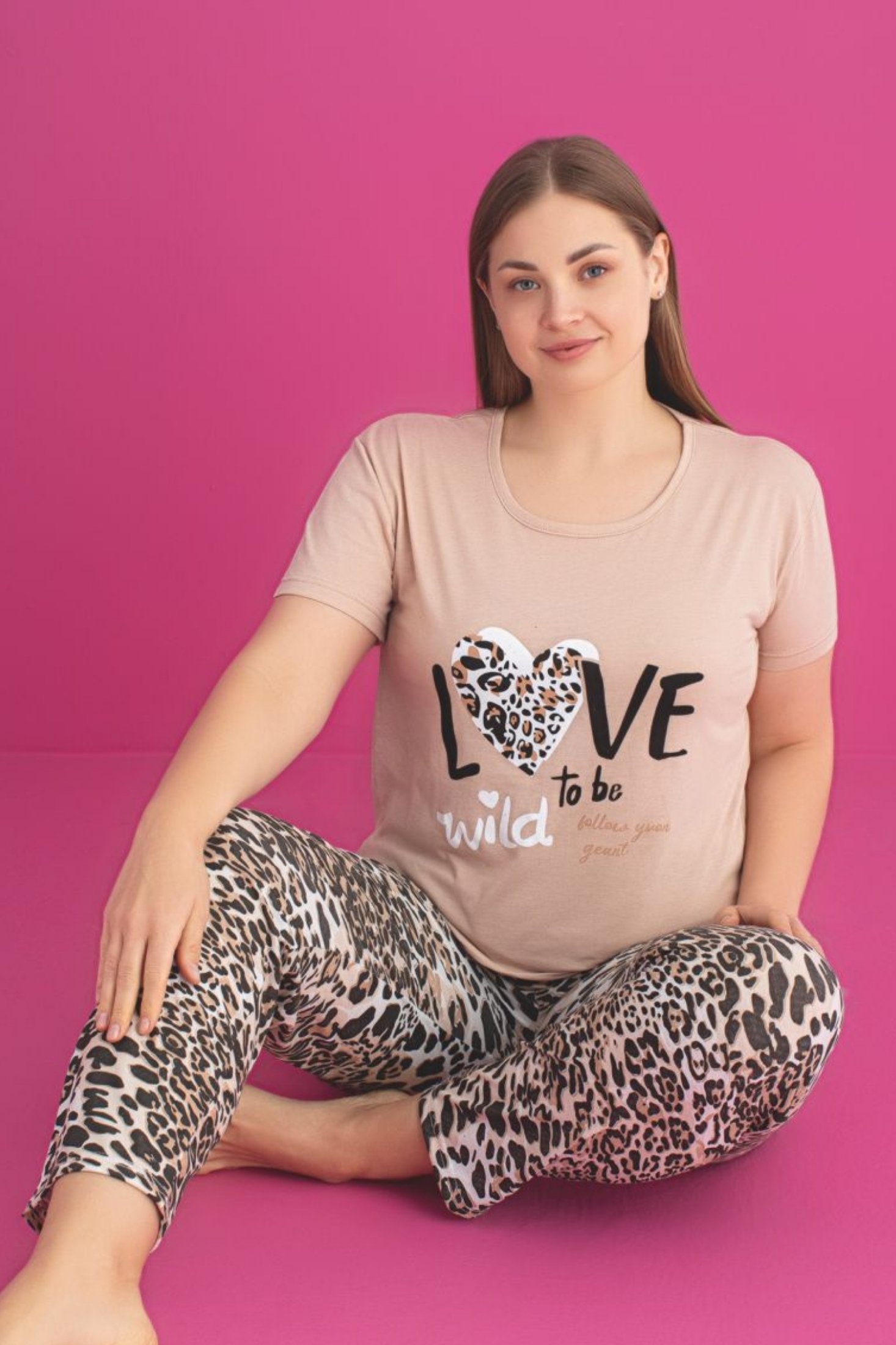 X-Dreamy Büyük Beden Pamuklu Leopar Desenli Kısa Kollu Pijama Takımı - Bej