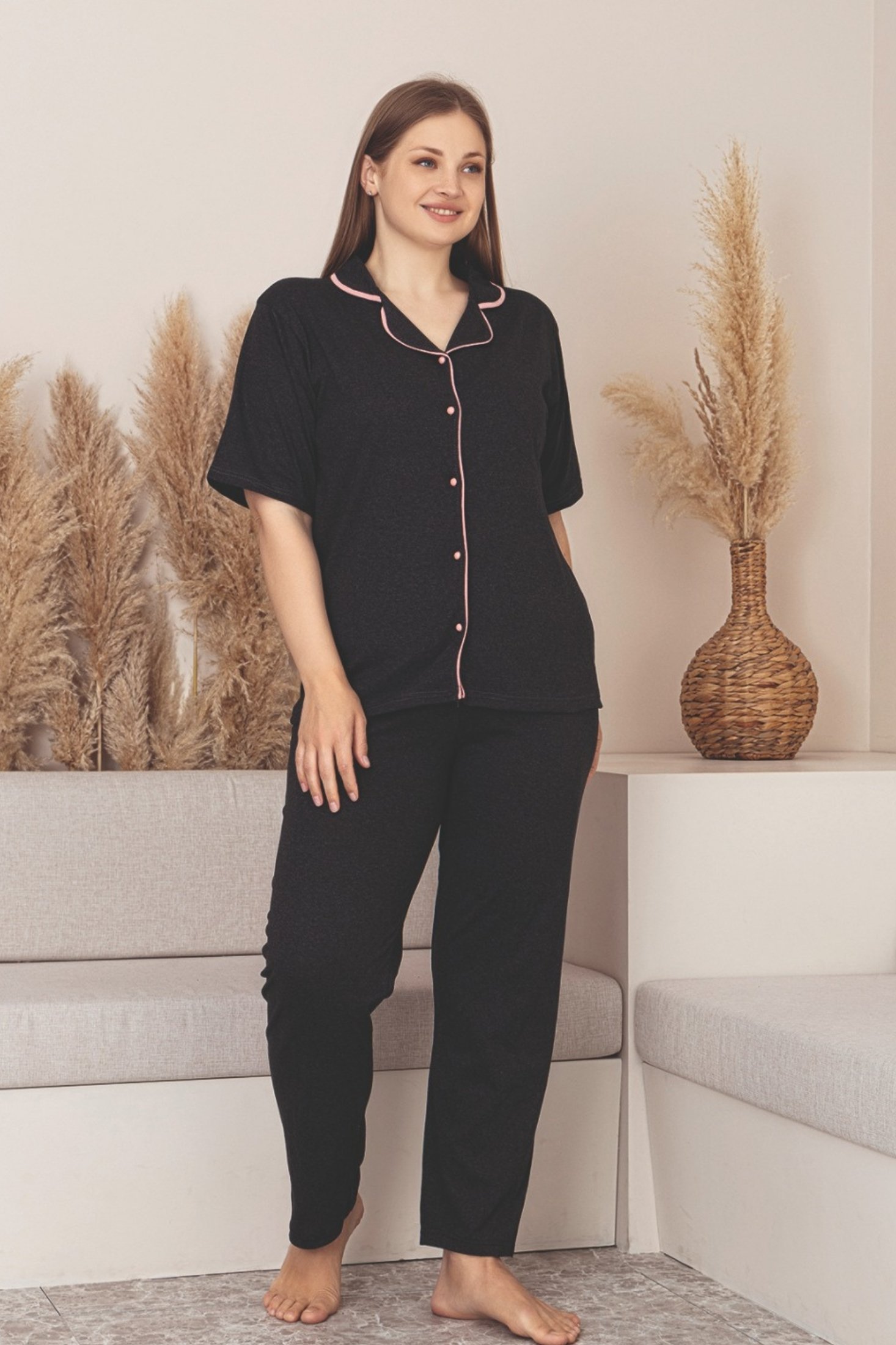 Büyük Beden Pamuklu Biyeli Düğmeli Kısa Kollu Gömlek Pijama Takımı