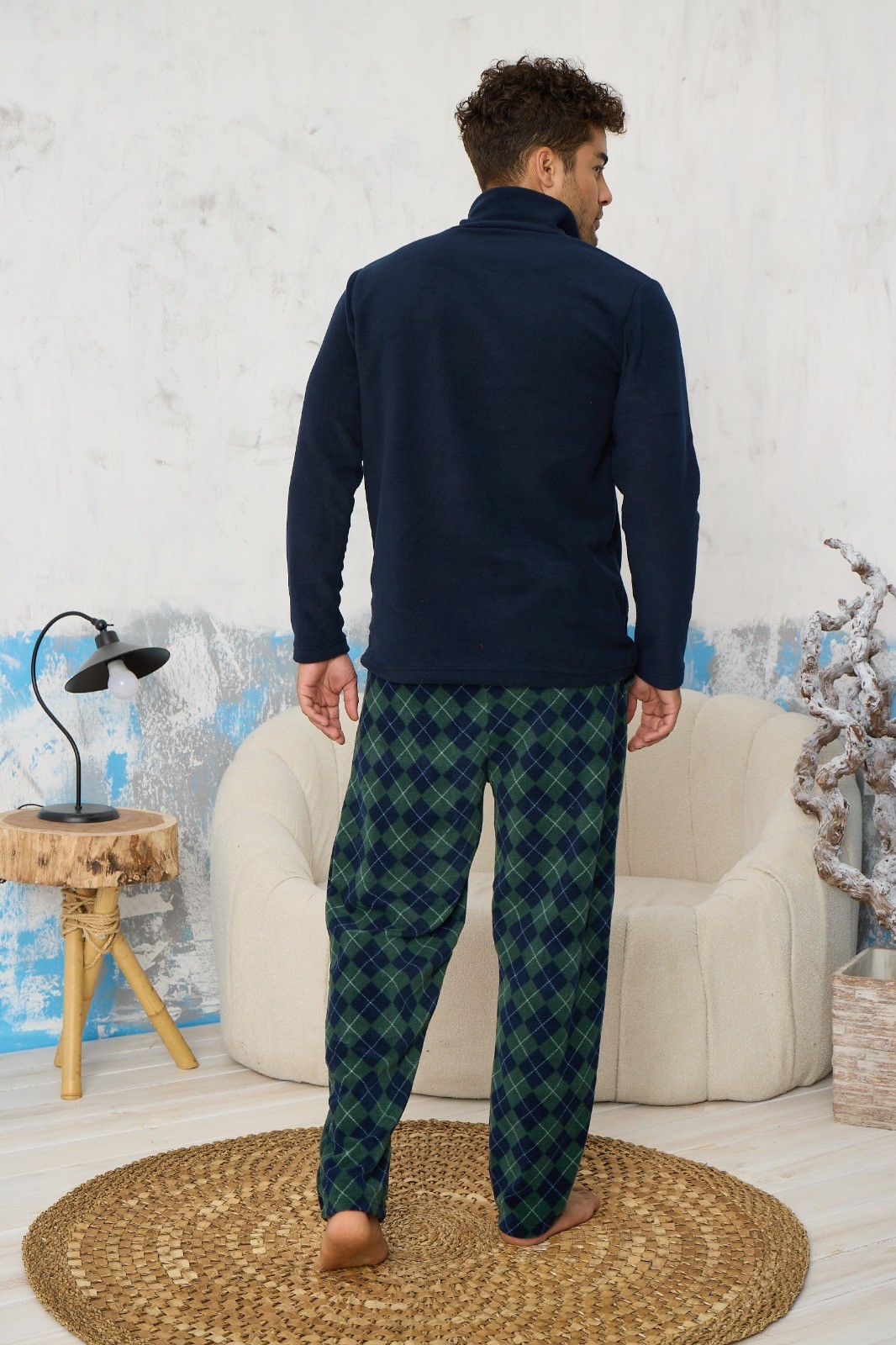 Luxury Soft Polar Ekose Kareli Fermuarlı Yaka Erkek Pijama Takımı - Lacivert-Yeşil