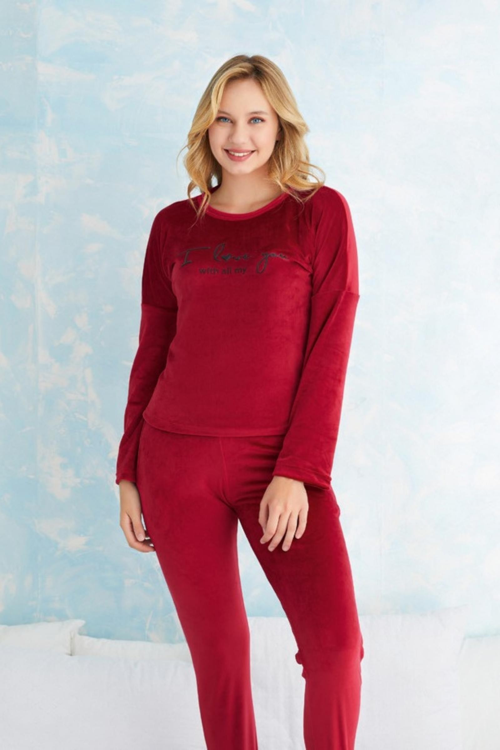 Luxury Velvet Fransız Kadife Yazı Detaylı Pijama Takımı - Bordo